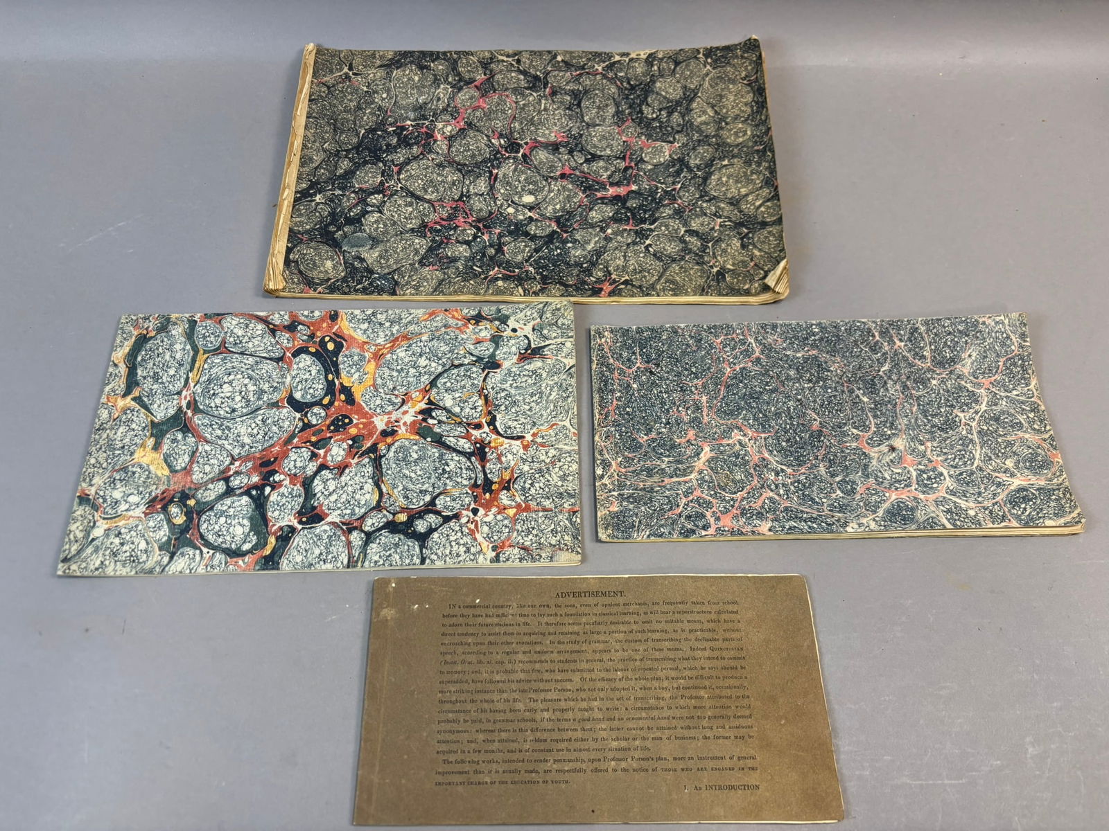 Lot 4 1810 Langford Running-Hand Copies Geography of England Penmanship Book: Early 19th century penmanship instruction volume titled Running-Hand Copies, Exhibiting a Sketch of the Geography of England, printed in London in 1810 for John Hodgkin by Darton, Harvey & Co., Gracec