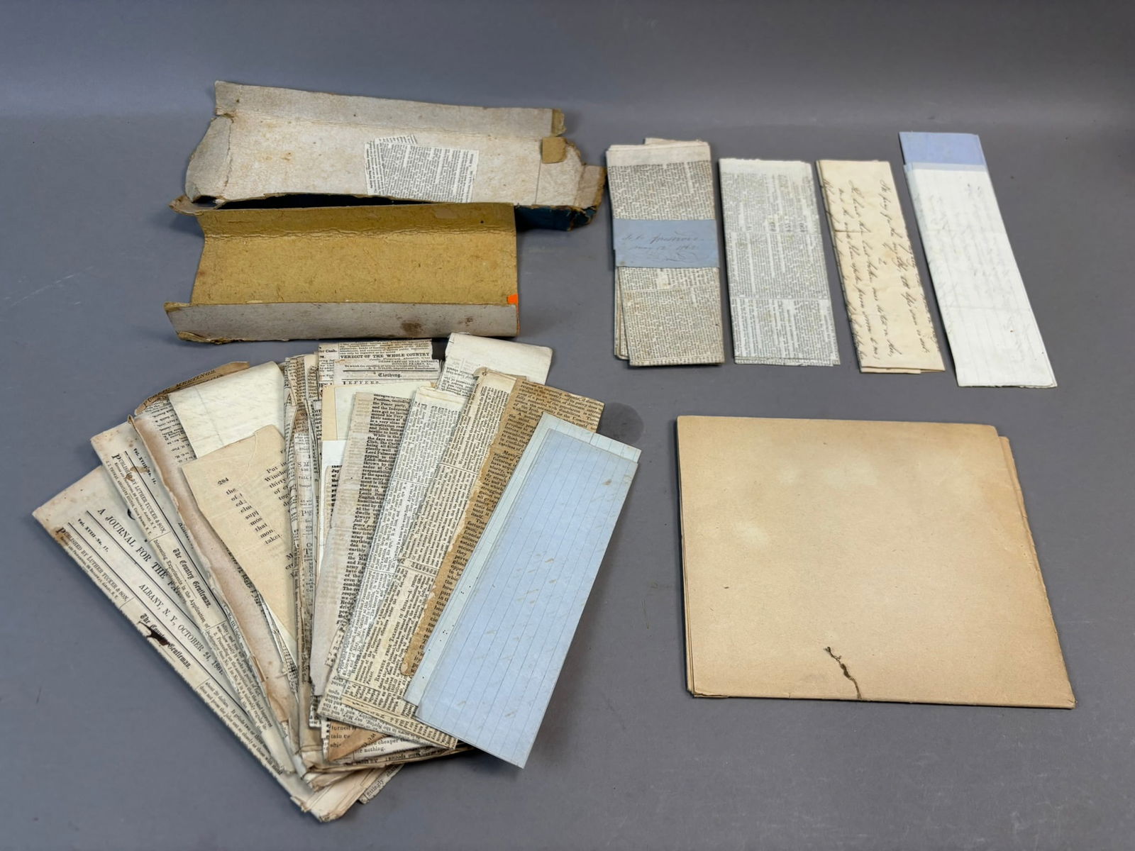 19th C Manuscript Letters Recipe Archive Albany NY Ephemera Map Florence: Collection of mid-19th century manuscript and printed ephemera including handwritten correspondence, recipes, newspaper clippings, folded notes, and assorted paper fragments preserved in an early pape