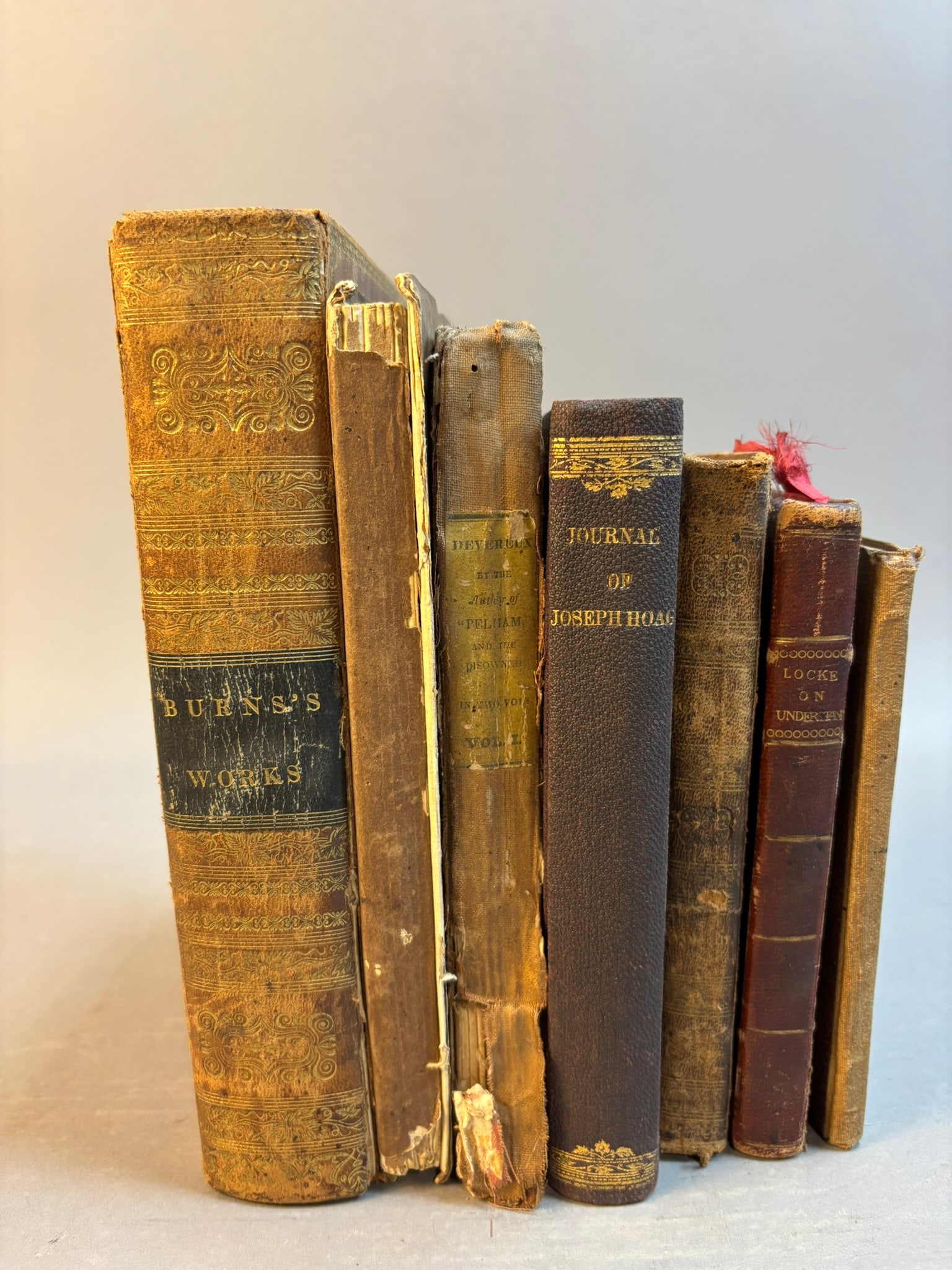 Early 19th C Antique Books Lot Burns Locke Gil Blas Joseph Hoag 7 Vols: Group of seven early to mid-19th century leather bound books including literary, philosophical, and religious works, highlighted by The Works of Robert Burns (Philadelphia: J. Crissy & J. Grigg, 1831)