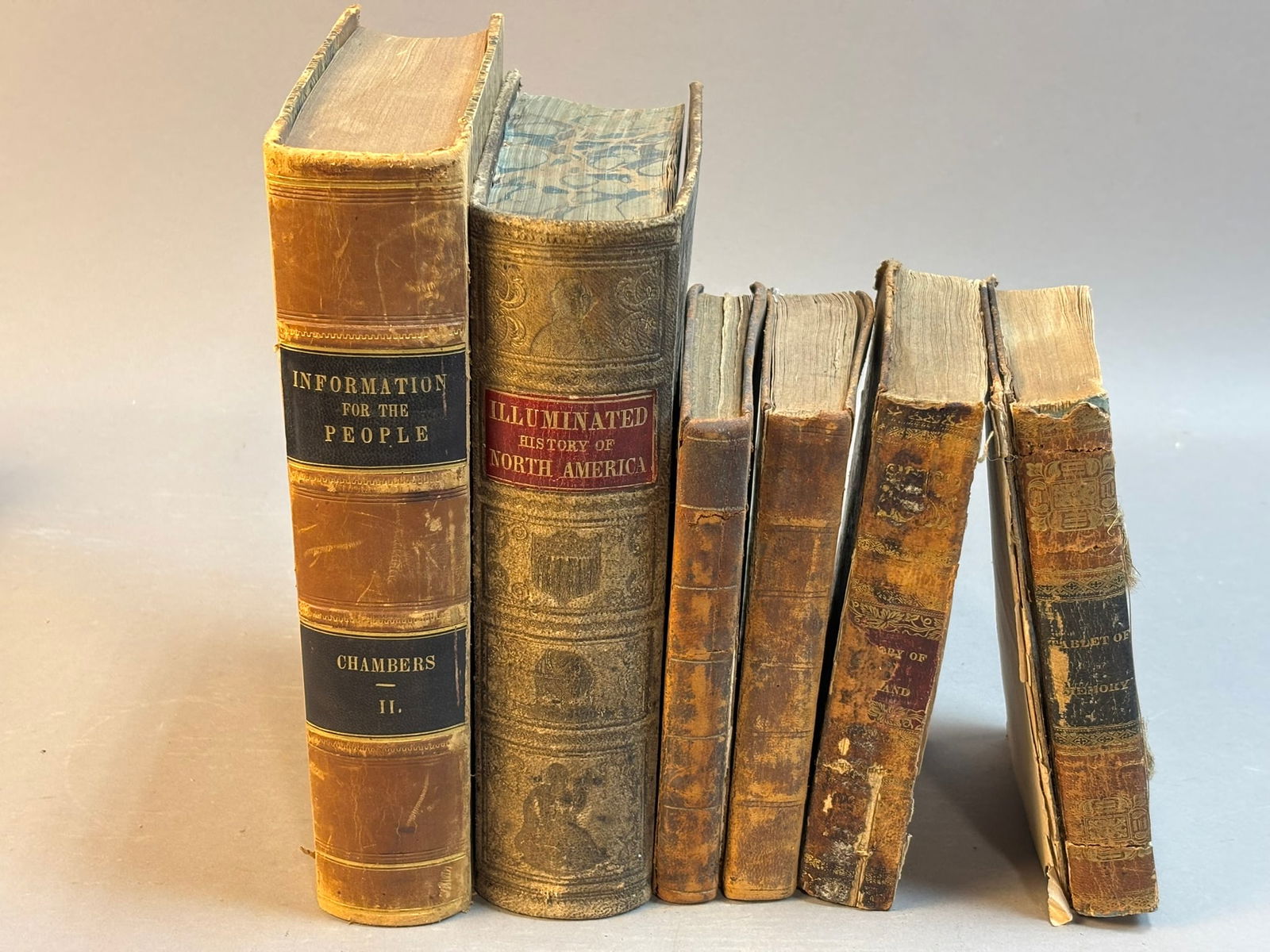Antique 19th C Books Lot Chambers North America Frost Goldsmith Darby: Group of six 19th century antique books including Chambers’s Information for the People Volume II (Edinburgh, William & Robert Chambers, 1849), An Illuminated History of North America by John Fr