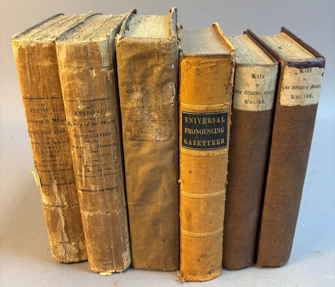 Antique 19th C Books Lot Hoyland Epitome Baldwin Gazetteer Scott 6 Vols: Group of six antique 19th century books including An Epitome of the History of the World from the Creation to the Advent of the Messiah by John Hoyland, Volumes I and II (York, 1814), Universal Pronou