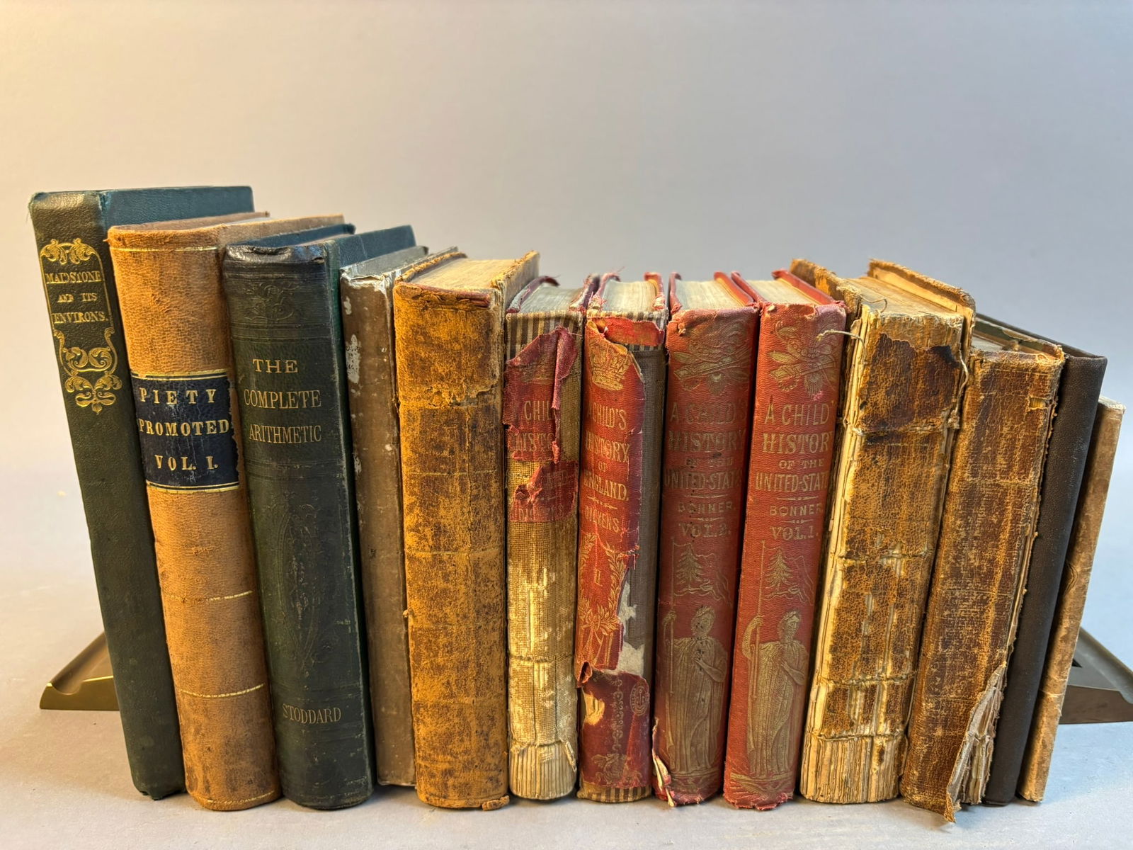 Antique 19th C Book Lot Dickens Bonner Stoddard Quaker History 13 Vols: Substantial lot of thirteen antique 19th century books including A Brief Historical and Descriptive Account of Maidstone and Its Environs (Maidstone, 1834), Piety Promoted in a Collection of Dying Say