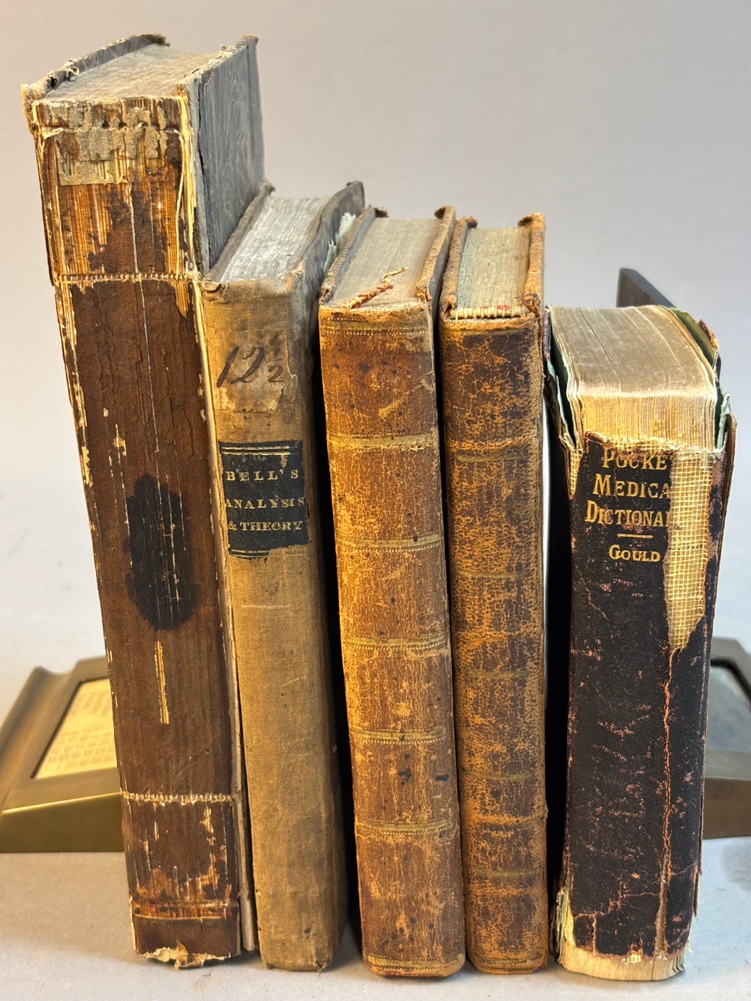 Antique 18th–19th C Book Lot Gould Medical Dictionary Priest Antiquities: Lot of five antique 18th and 19th century books including American Antiquities and Discoveries in the West by Josiah Priest (Albany, 1833) featuring a large foldout engraved plate of artifacts, Analys