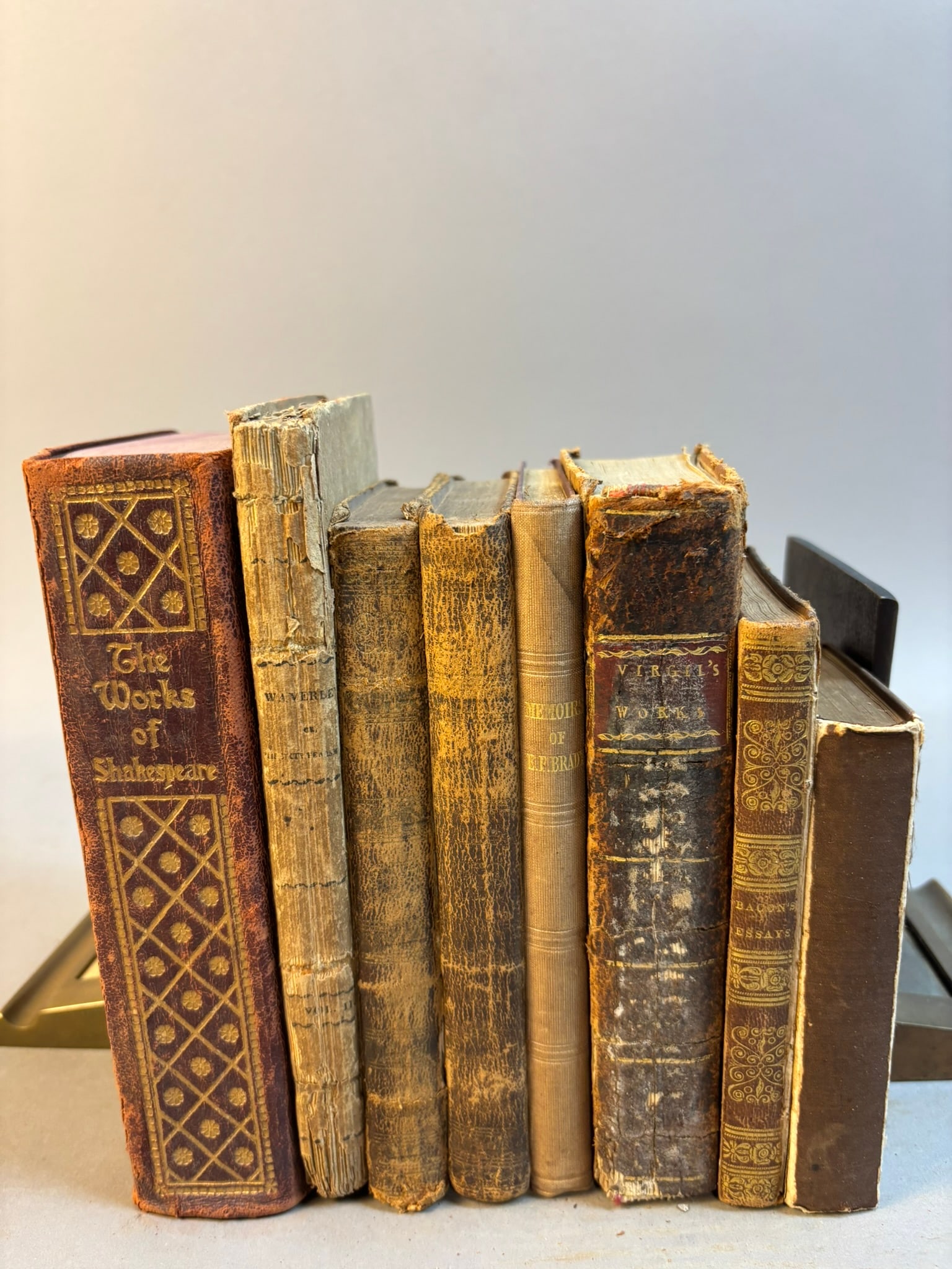 Antique Literature Books Shakespeare Virgil Bacon Waverley Penn 1791–1839: Group of eight antique late 18th and 19th century literary volumes including The Works of Virgil translated into English prose (Edinburgh, 1791), Waverley; or, ’Tis Sixty Years Since, Vol. II (N
