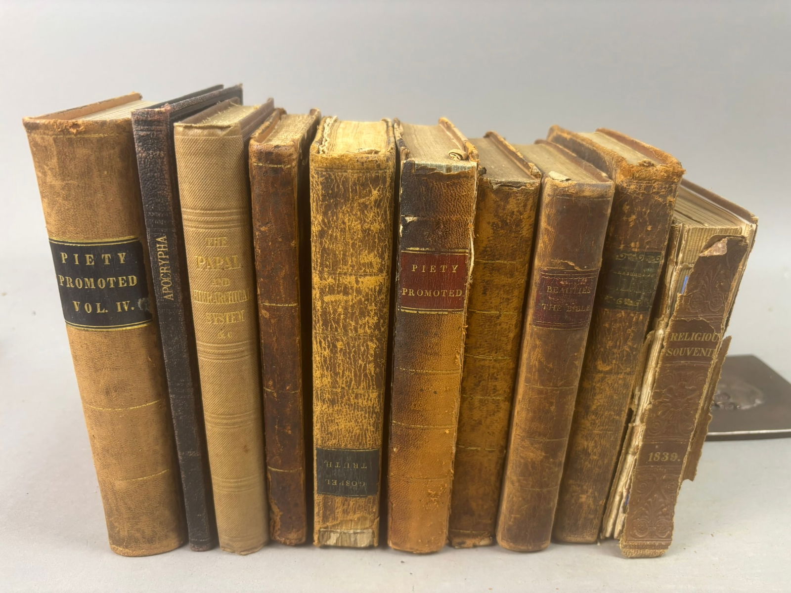 Antique 19th Century Religious Theology Devotional Books Quaker Christian: Group of antique 19th century religious and theological works including Piety Promoted relating to the Society of Friends (Philadelphia, 1854), The Papal and Hierarchical System Compared with the Reli