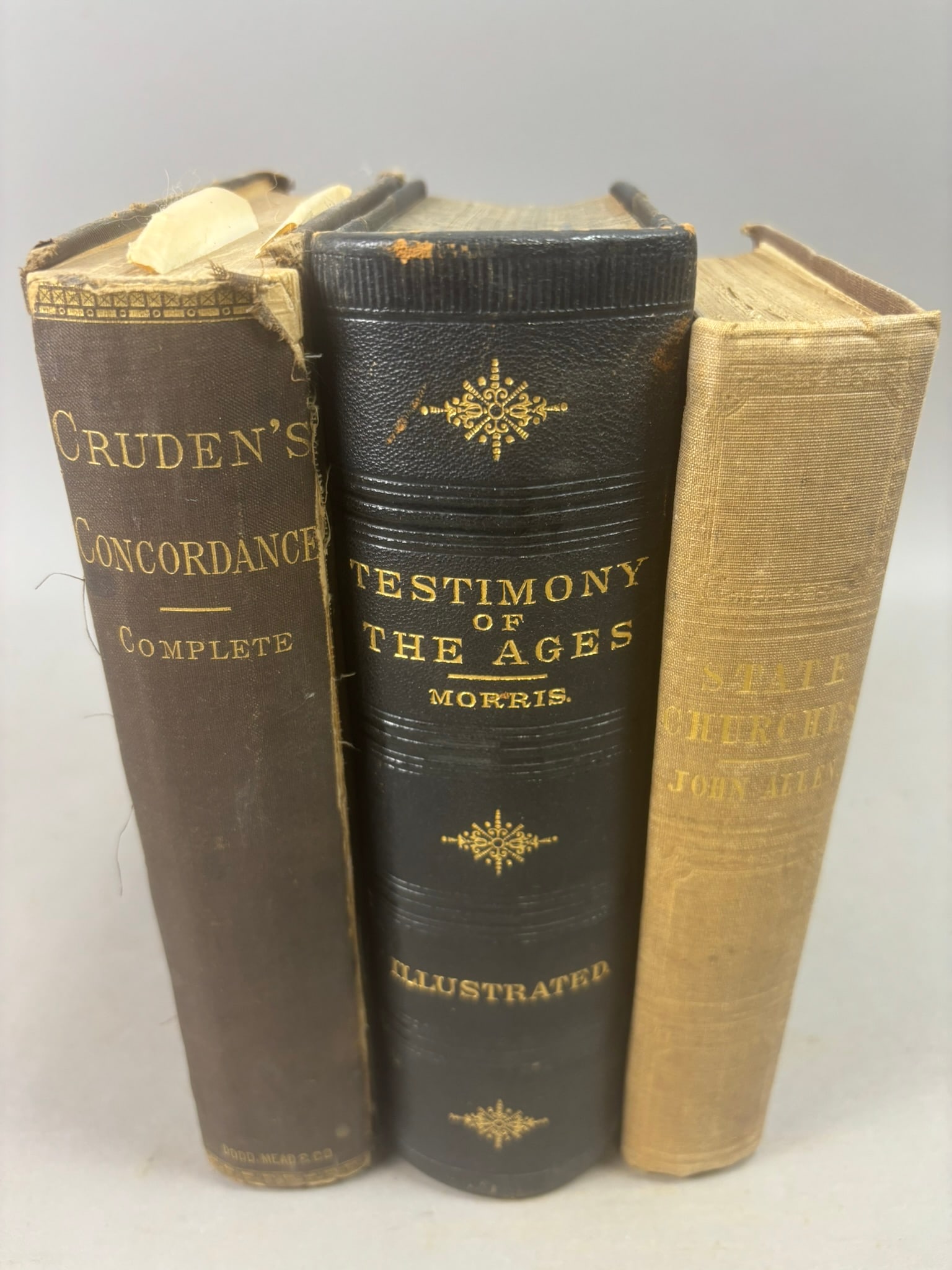 19thC Religious Books Cruden Concordance Testimony of the Ages Allen: Collection of three large-format 19th century religious reference and theological works including A Complete Concordance to the Holy Scriptures of the Old and New Testament by Alexander Cruden (New Yo