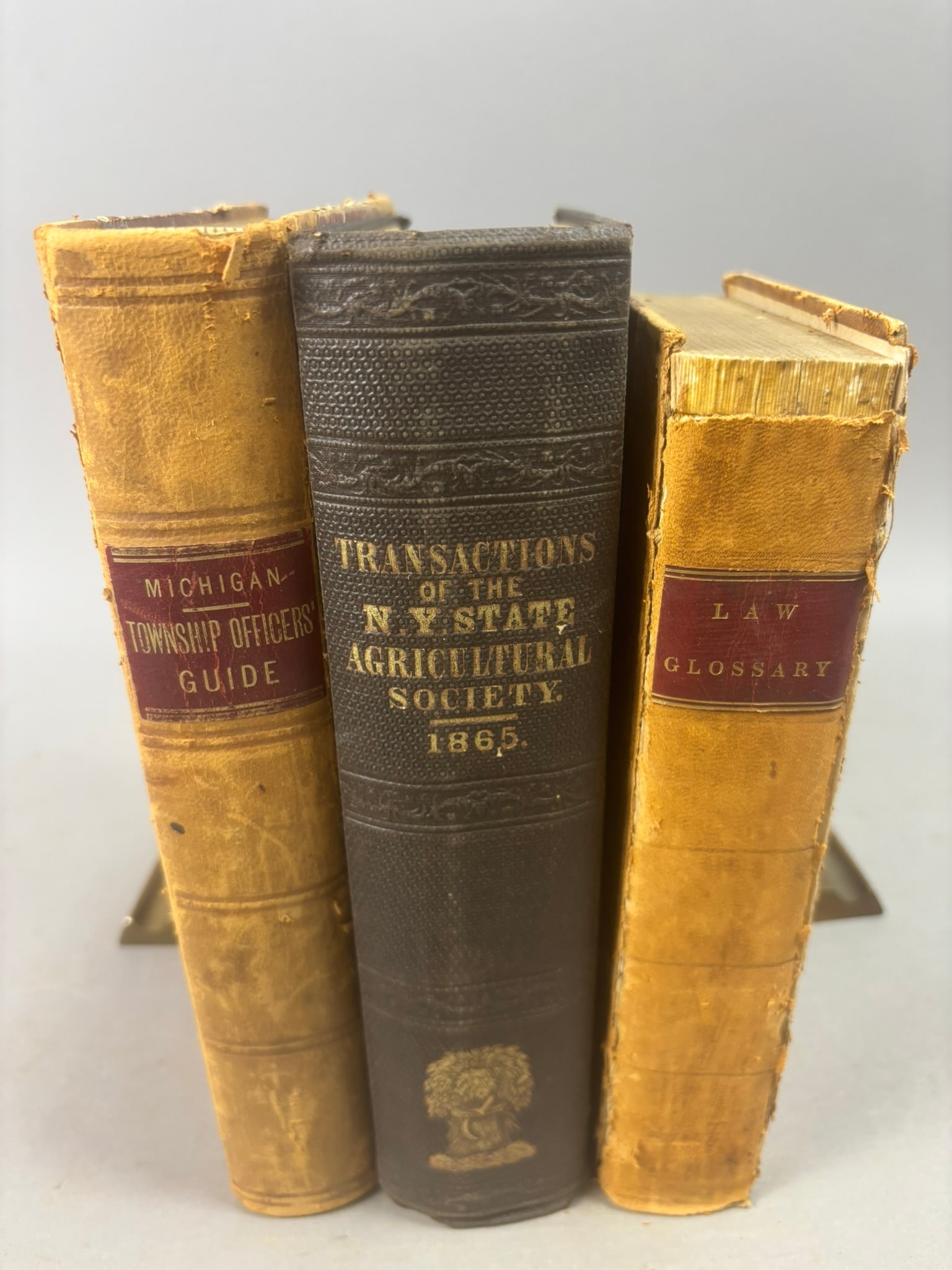 1865 NY Agricultural Society Transactions MI Township Officers Law Glossary: Three 19th century American reference and institutional volumes including Transactions of the New York State Agricultural Society for the Year 1865 (Albany: Cornelius Wendell, Legislative Printer), il