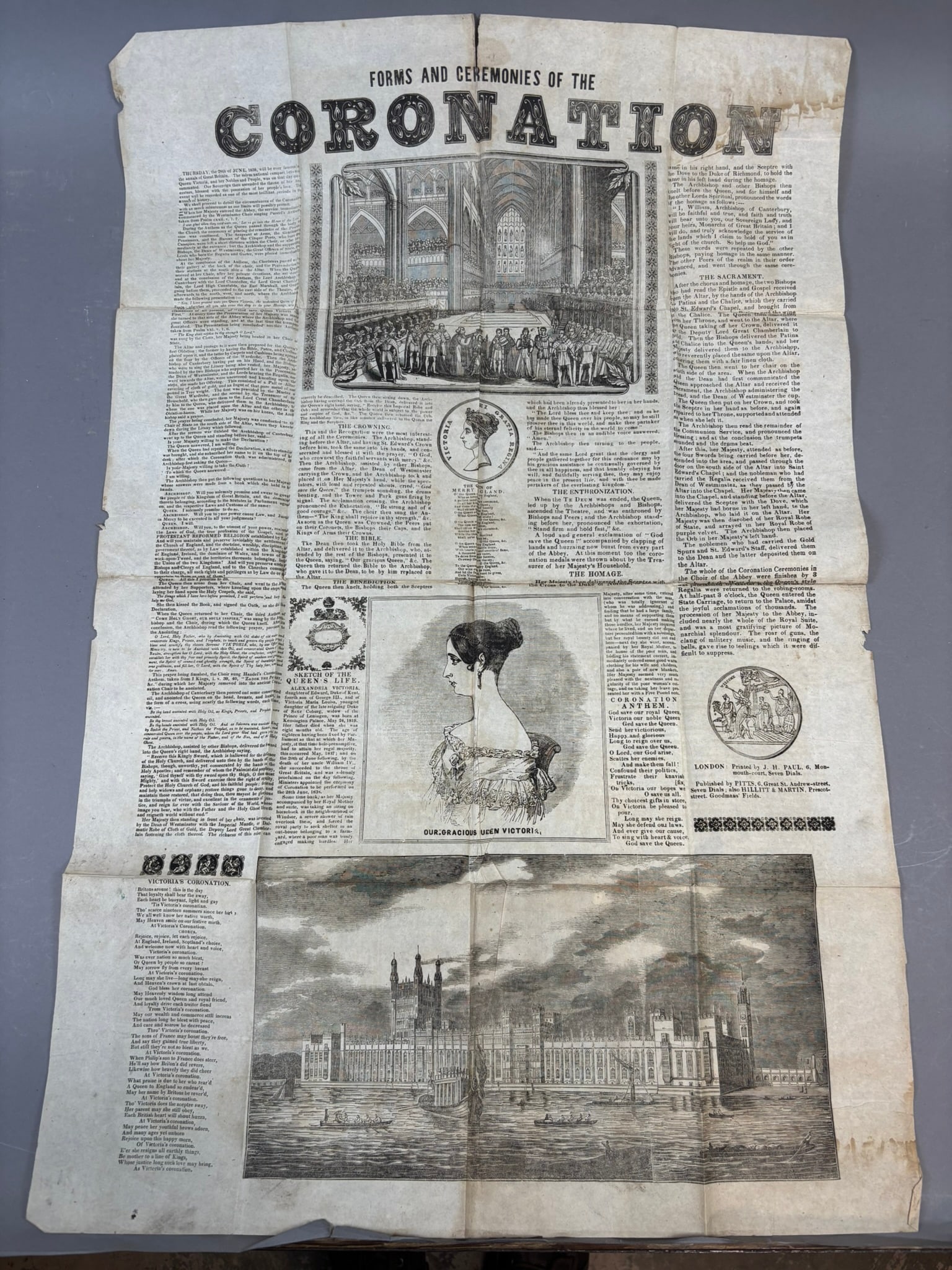 1838 Queen Victoria Coronation Broadside Illustrated Westminster Abbey Print: Original 19th century illustrated broadside titled “Forms and Ceremonies of the Coronation” commemorating the coronation of Queen Victoria held June 28, 1838. This large engraved sheet inc