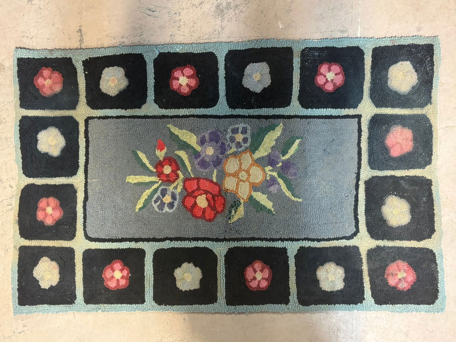 Antique Folk Art Floral Hooked Rug Hand Made Wool Rug 58 x 36 (1 of 13)