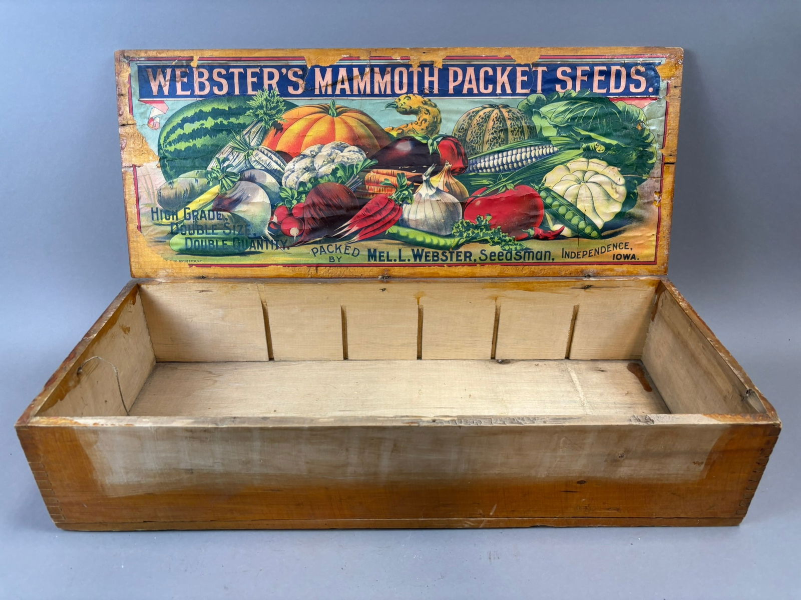 Webster's Mammoth Packet Seeds Wooden Counter Display Box Independence Iowa: Early Webster’s Mammoth Packet Seeds country store wooden advertising display box featuring a vibrant original lithographed lid panel depicting assorted vegetables including watermelon, pumpkin,