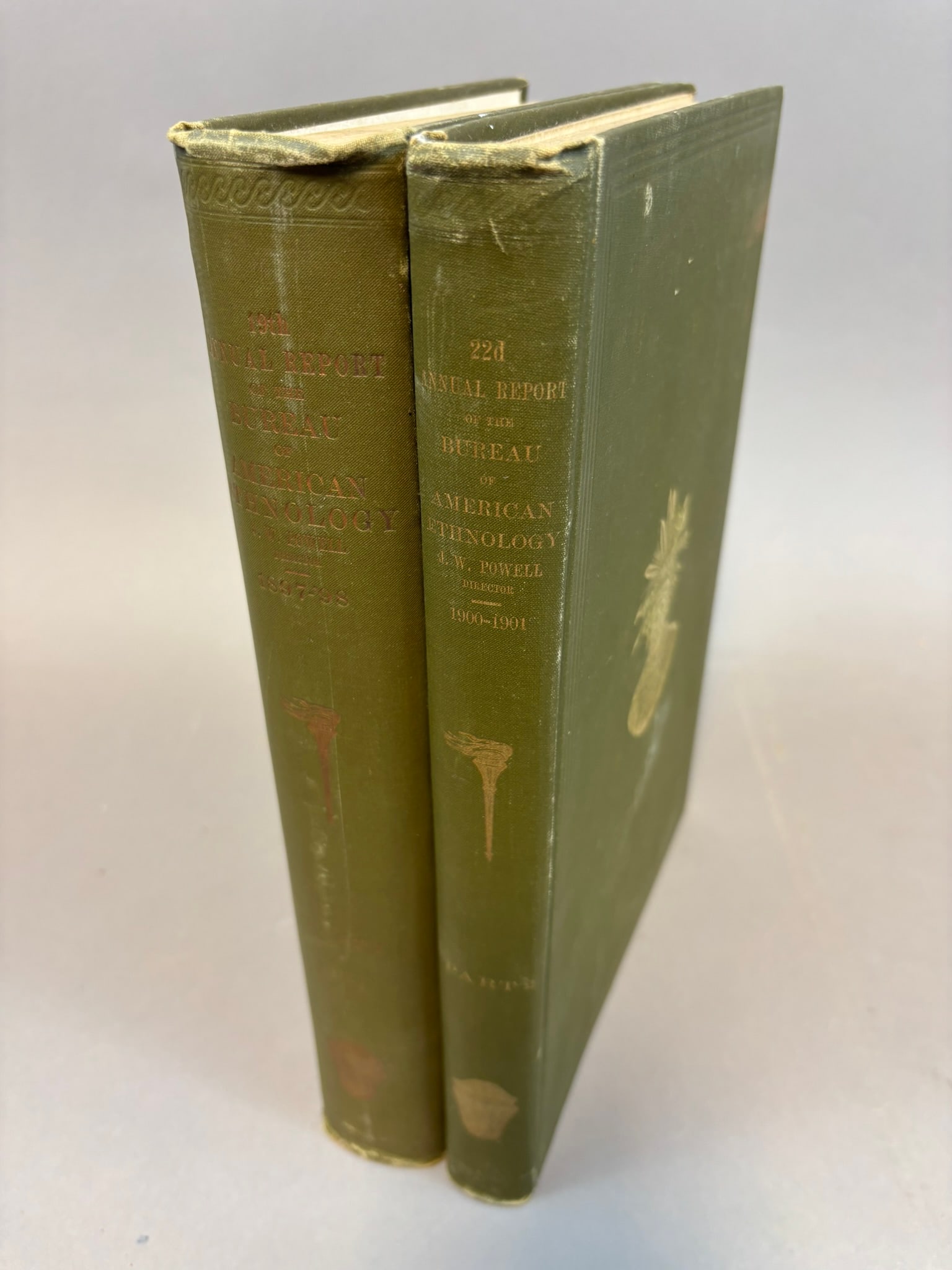 Bureau of American Ethnology Annual Reports 1897–98 & 1900–01 2 Vol Set: Two volume set of Annual Reports of the Bureau of American Ethnology to the Secretary of the Smithsonian Institution, comprising the Nineteenth Annual Report (1897–1898) printed in 1900 and the