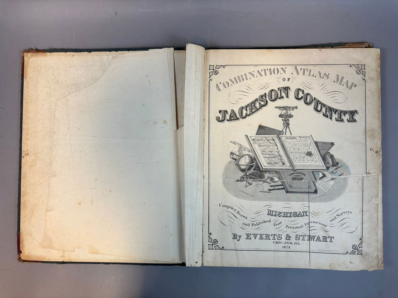 1874 Everts & Stewart Atlas Map of Jackson County Michigan Illustrated: 1874 Combination Atlas Map of Jackson County, Michigan compiled, drawn, and published from personal examinations and surveys by Everts & Stewart, Chicago. Large illustrated county atlas containing det