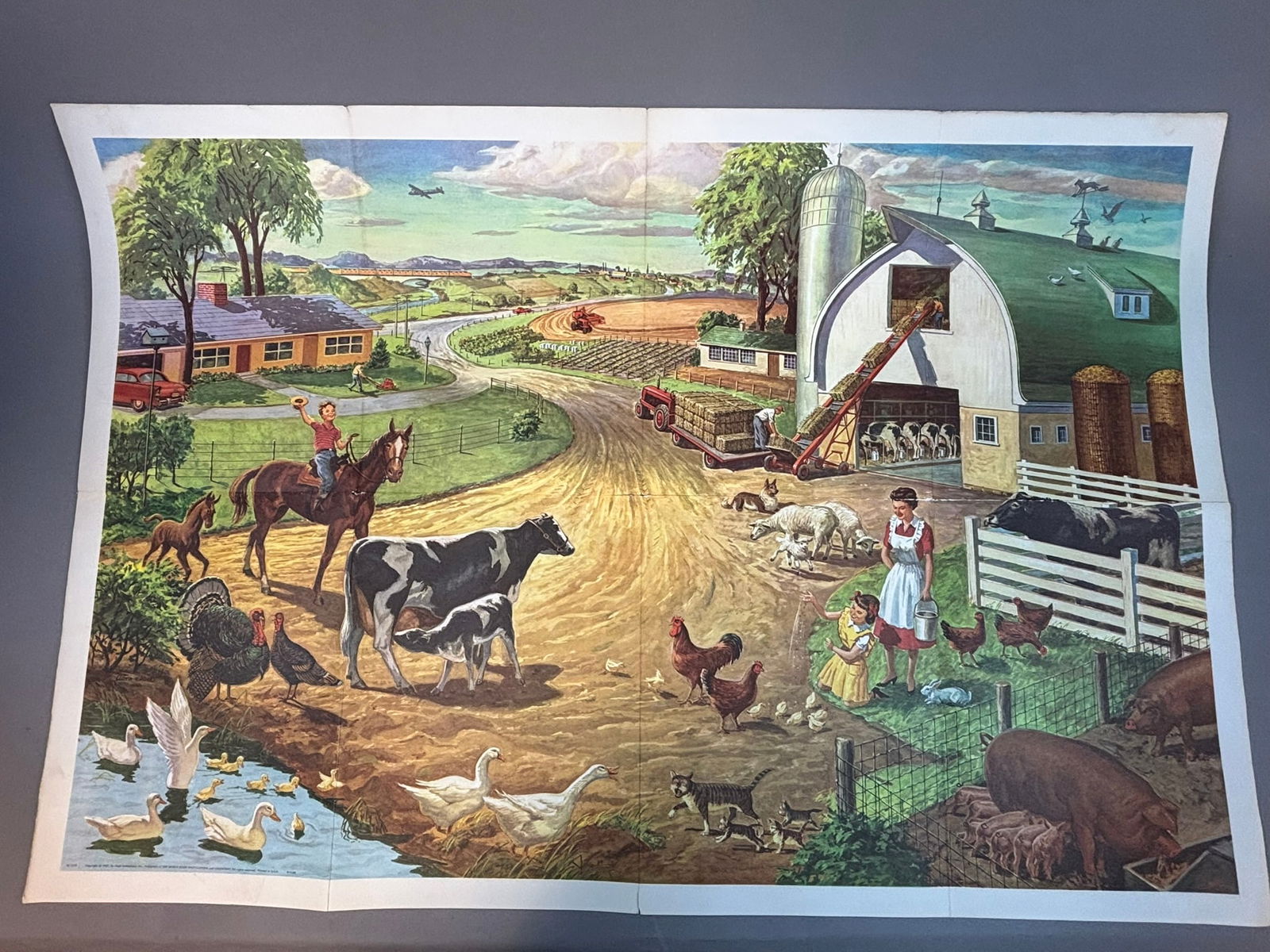 1957 World Book Encyclopedia Farm Scene Educational Poster Lloyd Jones: Colorful mid-20th century educational wall chart depicting an idealized American farm scene with livestock, barn, silo, crops, and farm family activities, illustrated by Lloyd R. Jones and published b