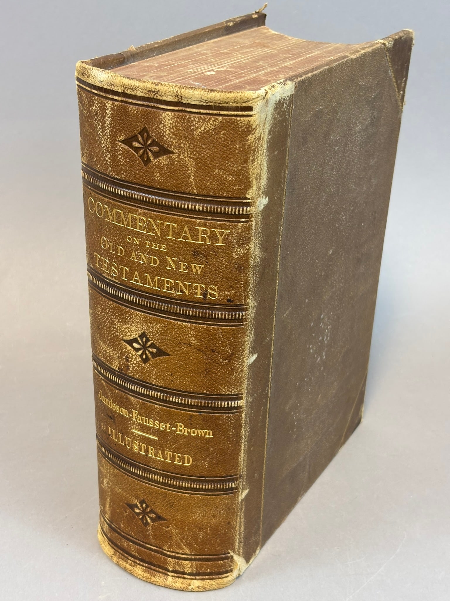 Jamieson Fausset Brown Commentary Old New Testaments Illustrated Bible: Large 19th century theological reference volume titled Commentary on the Old and New Testaments by Jamieson, Fausset and Brown, illustrated edition. Bound in brown leather with gilt titled spine readi