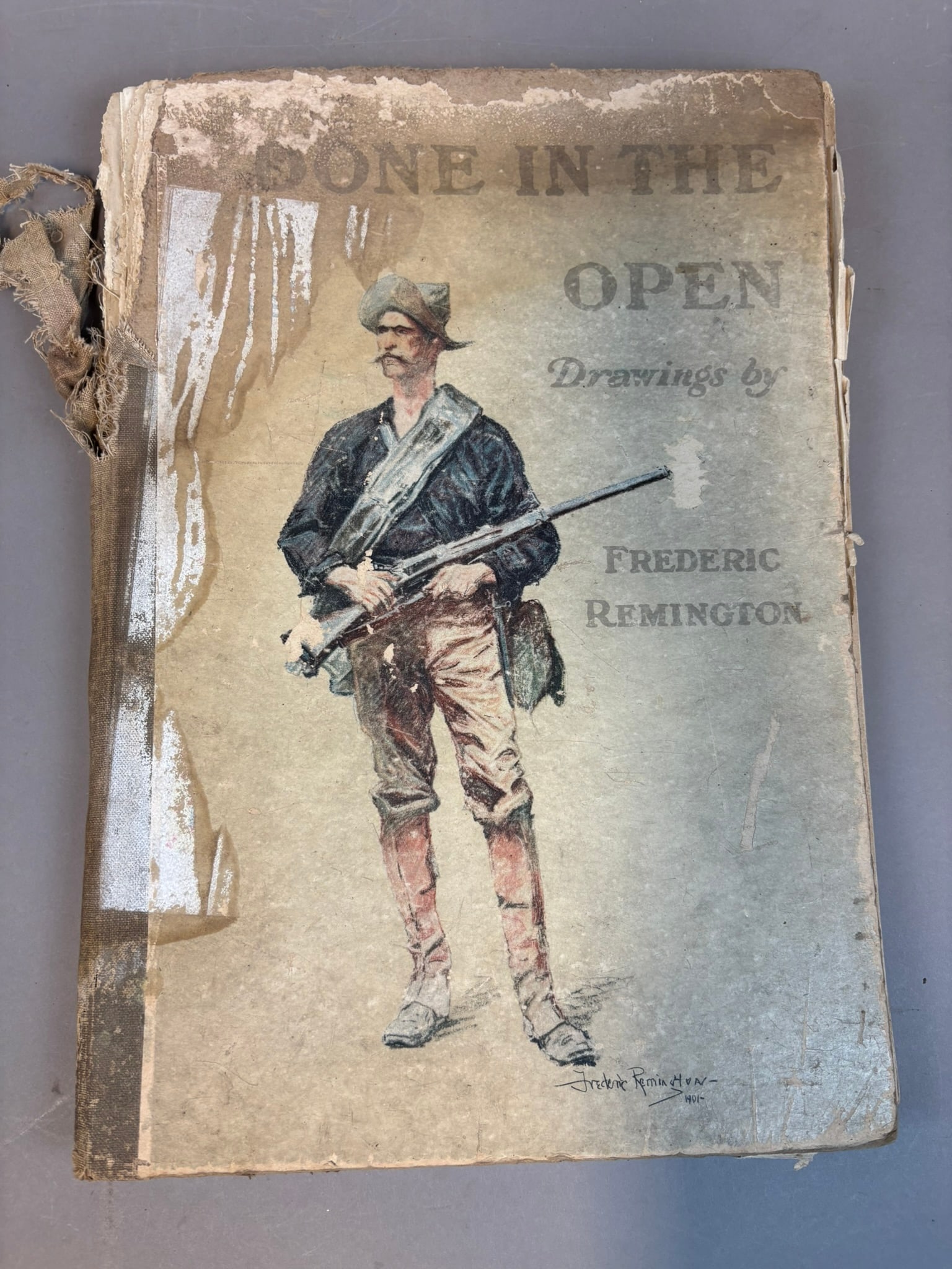 Done in the Open Frederic Remington Illustrated Western Art Book 1902: Early illustrated Western art volume titled Done in the Open: Drawings by Frederic Remington, with introduction and verses by Owen Wister and others, published by P. F. Collier & Son, New York, circa