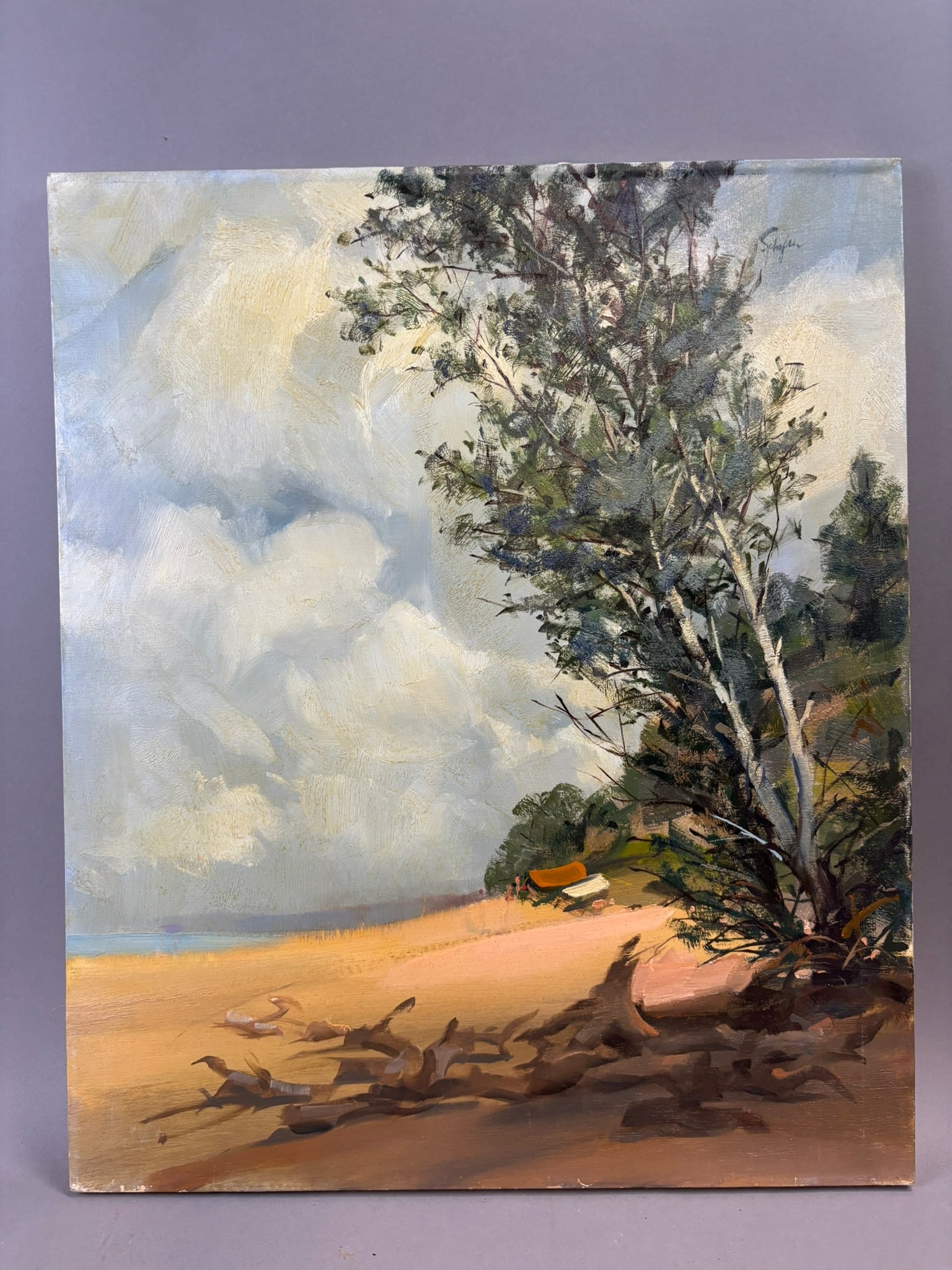 20x24 Henry Schafer Jackson Michigan Oil Painting Beach Landscape with Gulls: Oil on canvas landscape painting by Jackson, Michigan artist Henry Schafer depicting a breezy shoreline scene with gulls gathered along the sand beneath a dramatic cloud-filled sky. The composition fe