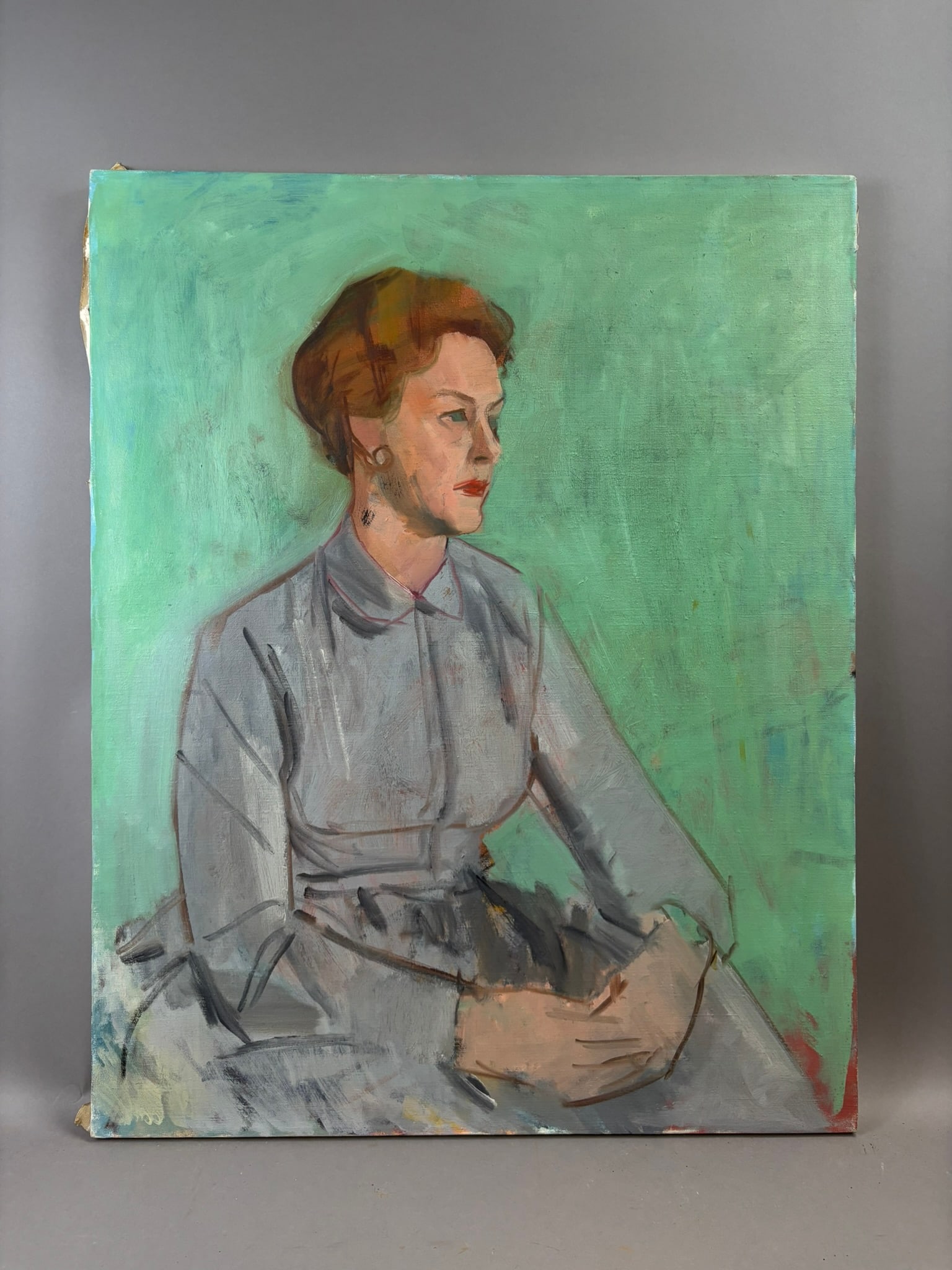 Henry Schafer Jackson Michigan Portrait Oil Painting Seated Woman 24x30: Oil on canvas portrait painting attributed to Jackson, Michigan artist Keith Schaefer depicting a seated woman in profile against a soft green ground. The composition shows confident mid-century moder