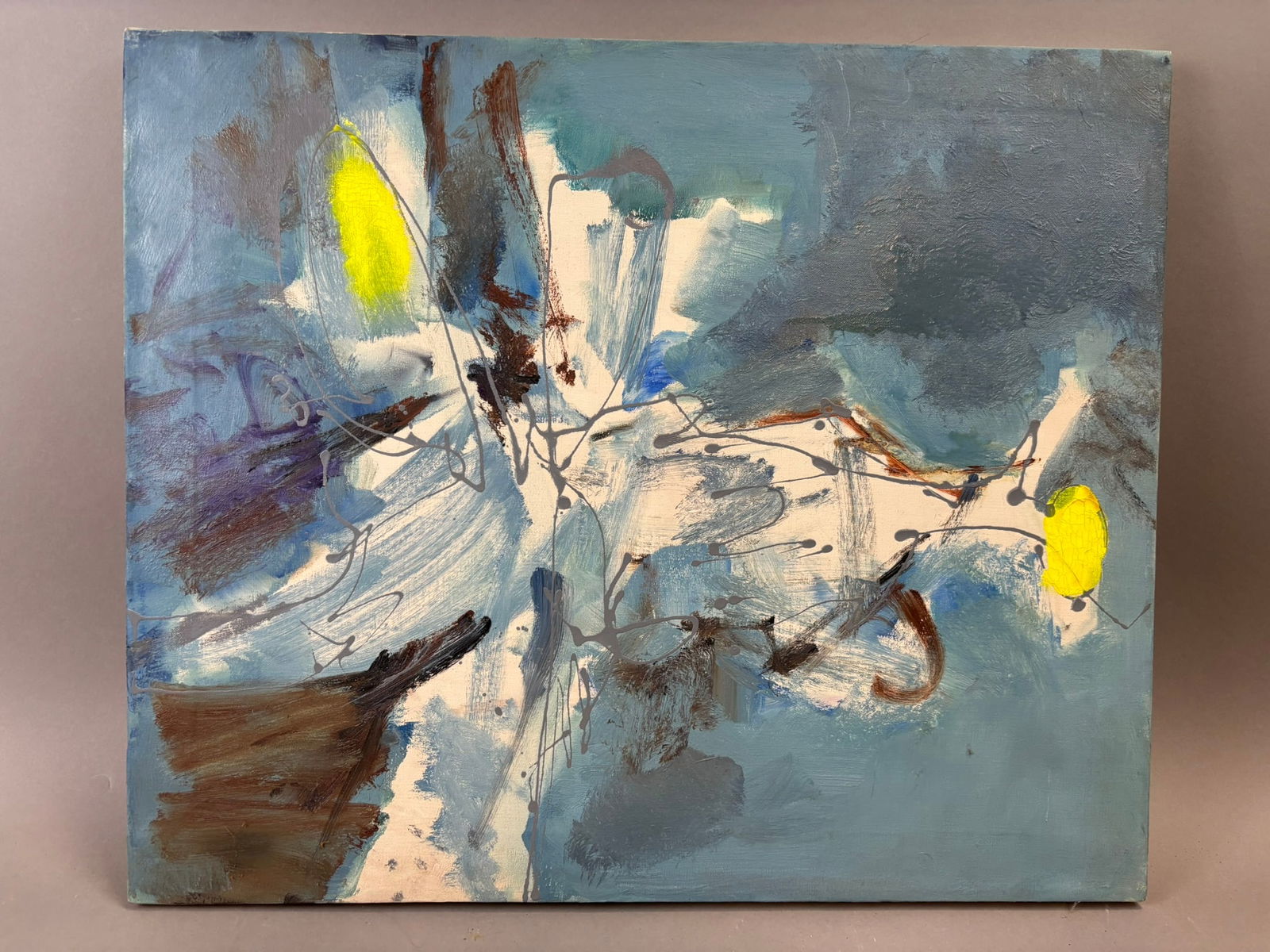 Abstract Oil Painting Modernist Composition 24x20 by Schafer Jackson Michigan: Oil on canvas abstract composition attributed to Jackson, Michigan artist Henry Schafer featuring an expressive mid-century modern arrangement of layered blue, gray, and white fields accented with ges