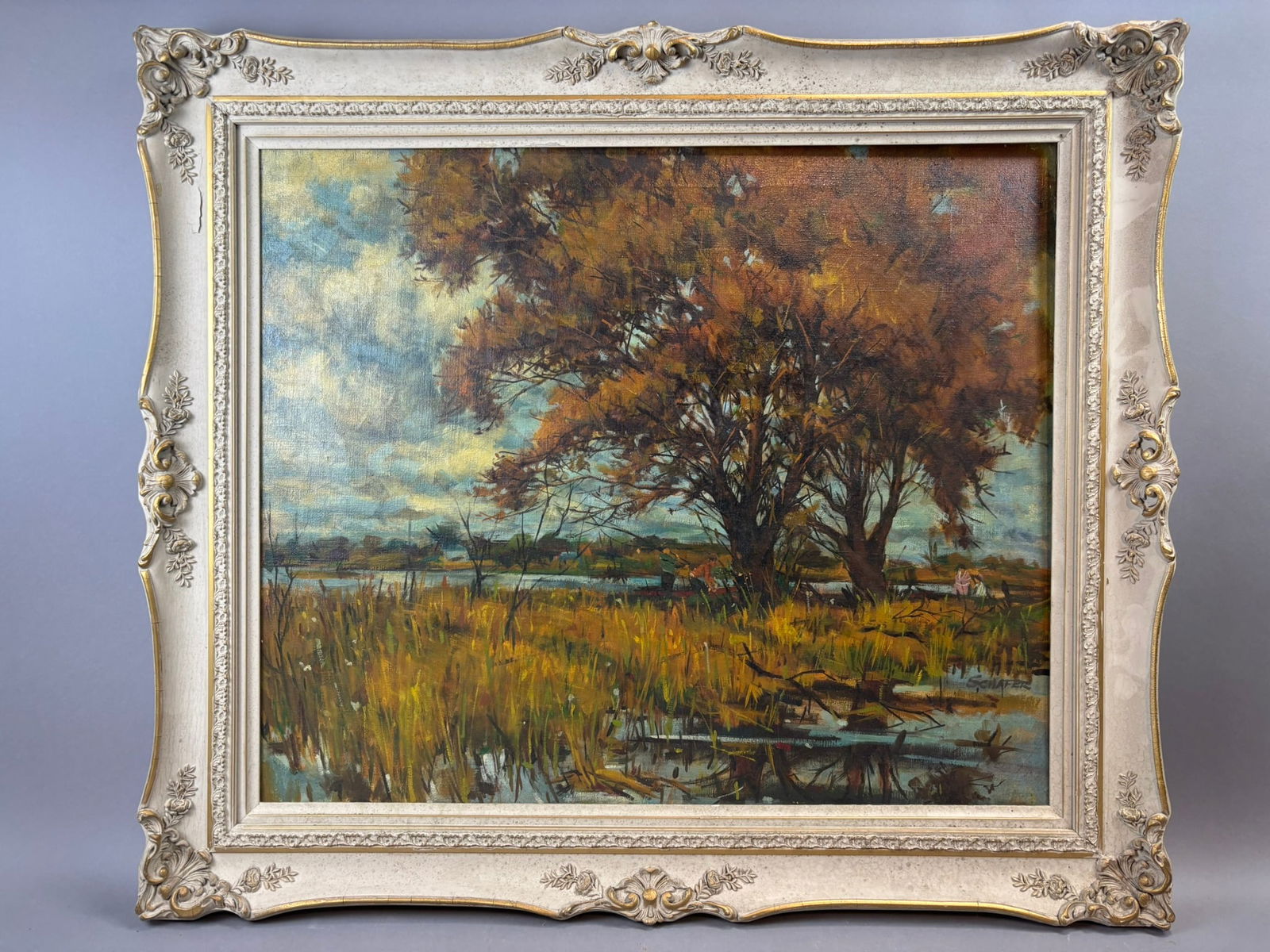 Henry Schafer Jackson Michigan Autumn Marsh Landscape Oil Painting 30x25: Oil on canvas autumn marsh landscape by Jackson, Michigan artist Henry Schafer depicting a richly colored wetland scene with tall golden grasses, reflective water, and a grouping of autumn trees benea