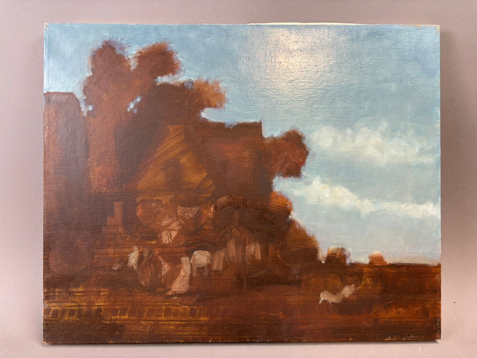 Henry Schafer Jackson Michigan Oil Painting Rural Farmstead Landscape 20x16: Original oil on canvas landscape painting by Jackson, Michigan artist Henry Schafer depicting a rural farmstead scene with clustered buildings, figures working near a clothesline, and warm earth-toned