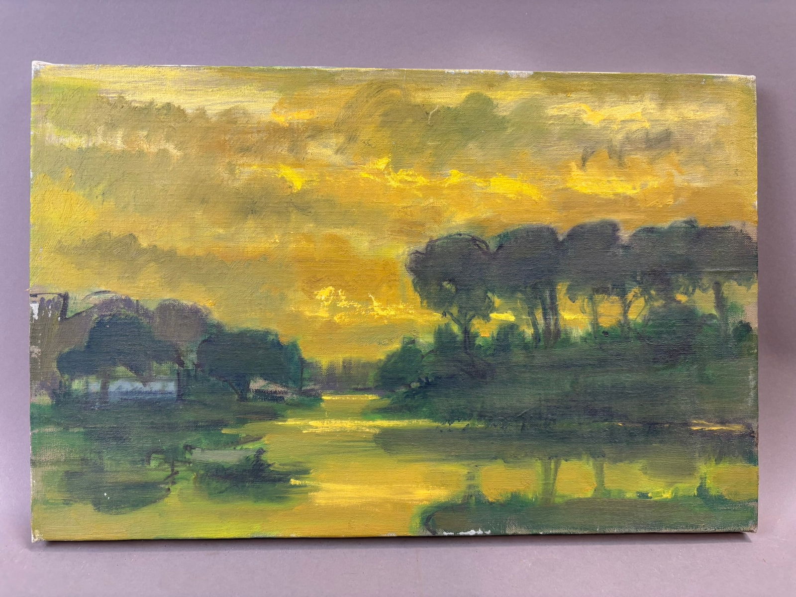 Henry Schafer Jackson MI Oil Painting Golden Sunset River Landscape 18x12: Original oil on canvas landscape painting by Jackson, Michigan artist Henry Schafer depicting a tranquil river scene illuminated by a dramatic golden sunset sky. Dark silhouetted trees line the bab432