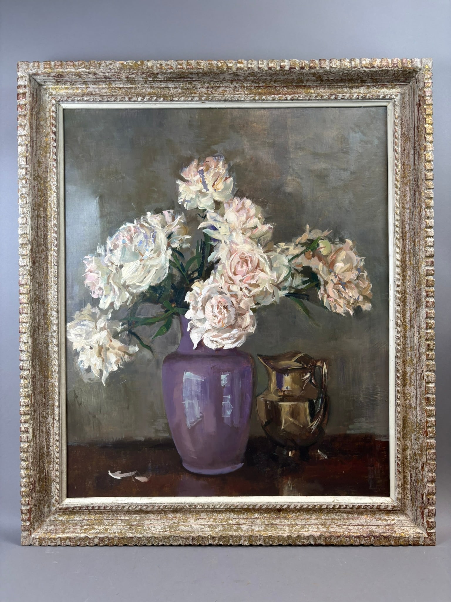 Henry Schafer Floral Still Life Peonies Purple Vase Oil Painting Framed: Original oil on canvas still life painting by Jackson, Michigan artist Henry Schafer depicting a bouquet of full white and blush peonies arranged in a purple vase beside a reflective brass pitcher set
