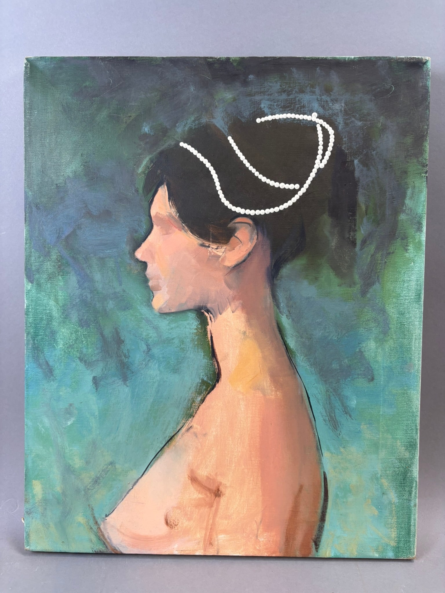 Henry Schafer Female Profile Portrait Pearl Necklace Oil Painting 16x20: Original oil on canvas portrait by Jackson, Michigan artist Henry Schafer depicting a stylized female figure in profile with dark hair gathered in a bun and adorned with a strand of pearls. The compos