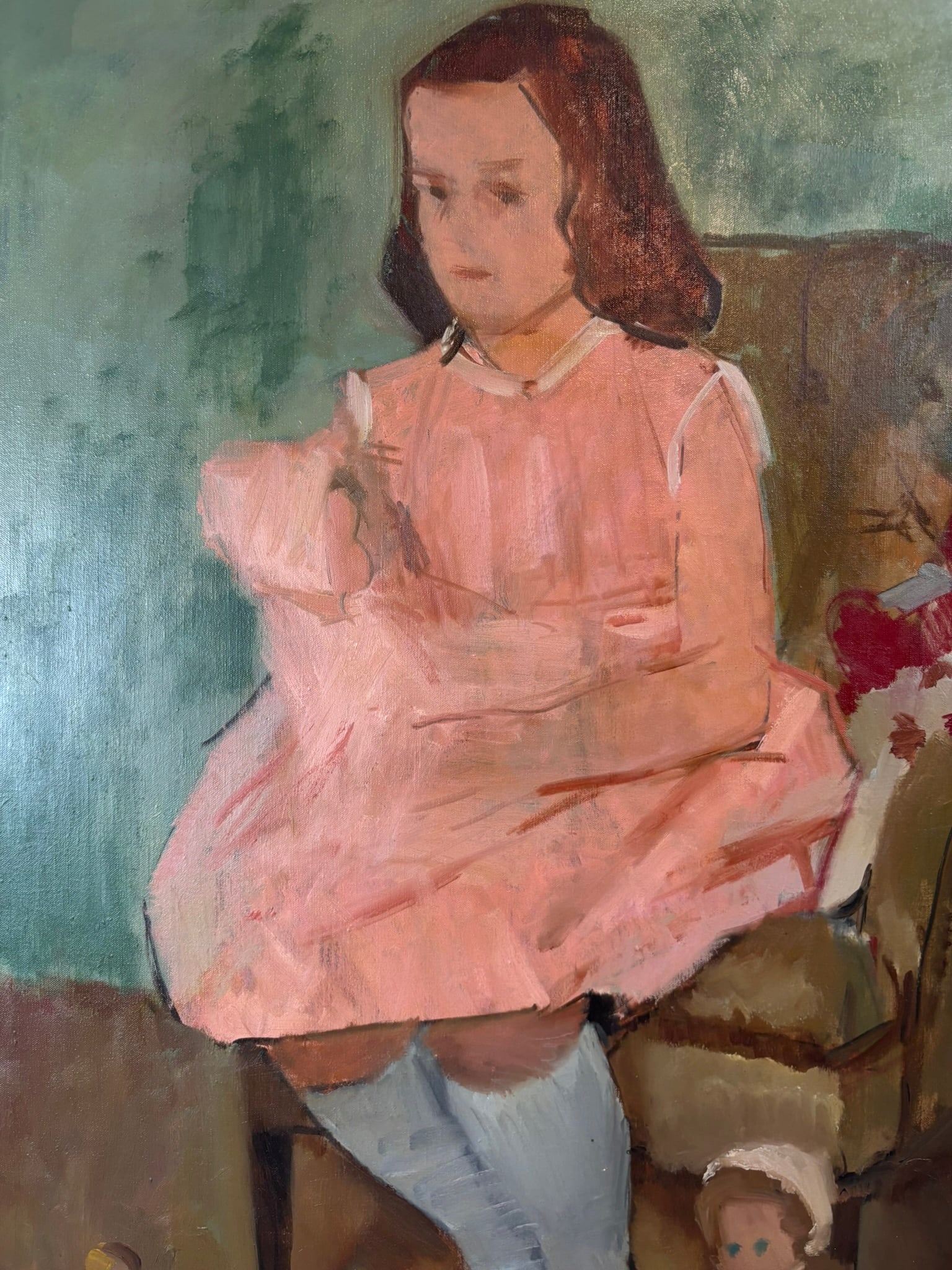 Henry Schafer Portrait of Daughter Sally with Dolls Oil Painting 40x30: Original oil on canvas painting by Jackson, Michigan artist Henry Schafer depicting his young daughter Sally seated in a chair surrounded by several dolls and toys. The composition captures a quiet, i