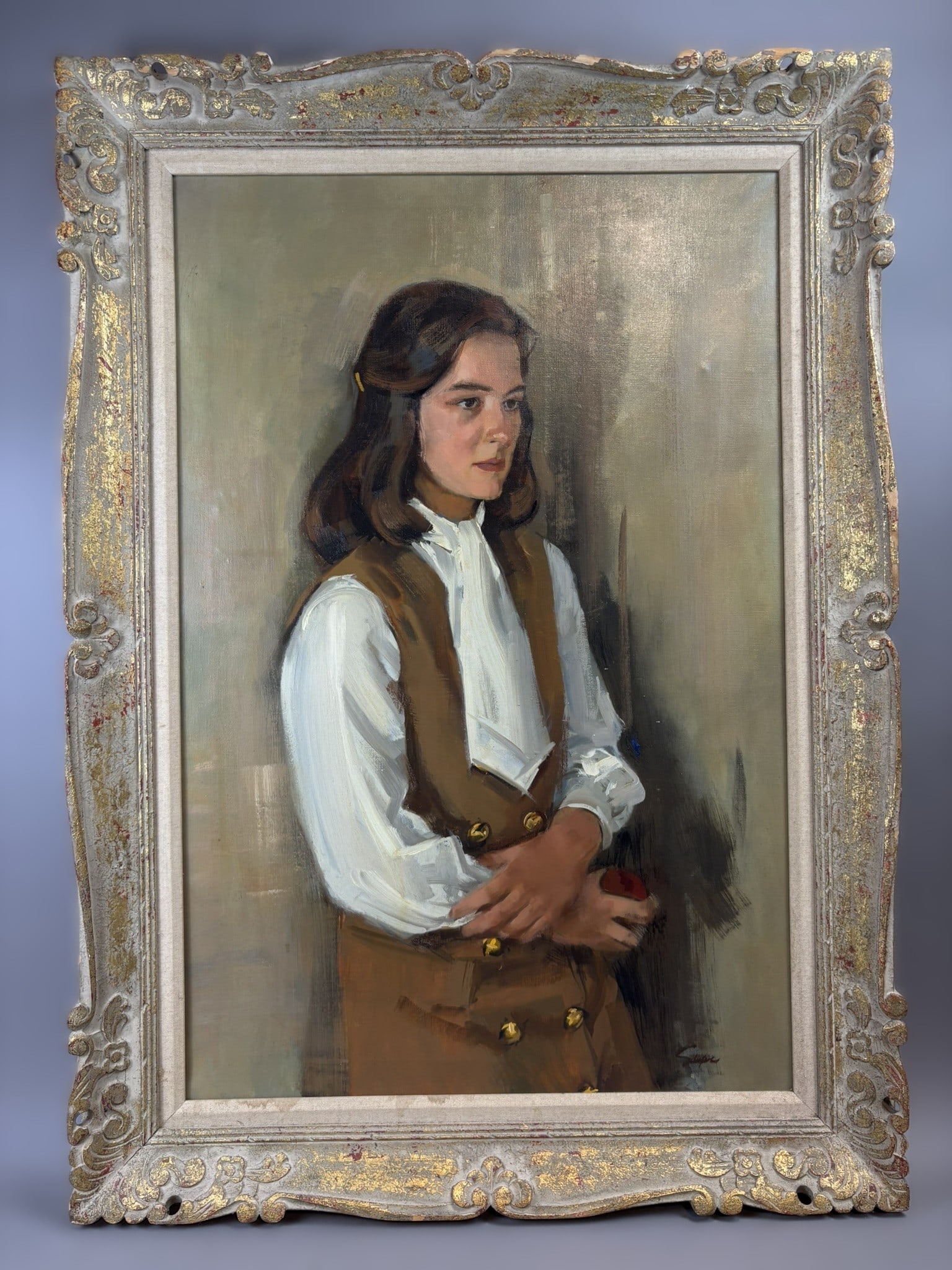 Henry Schafer Portrait of Young Woman Oil Painting Framed 24x36 Canvas: Large original oil on canvas portrait by Jackson, Michigan artist Henry Schafer depicting a young woman standing in three-quarter profile with folded hands, dressed in a white blouse and brown vest wi