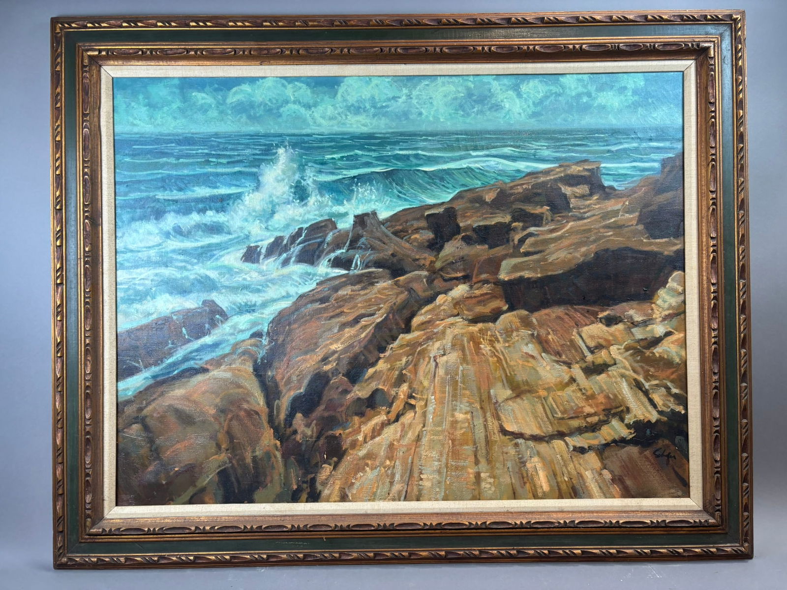 Henry Schafer Seascape Crashing Waves Rocky Coast Oil Painting Framed 40x30: Large original oil on canvas seascape by Jackson, Michigan artist Henry Schafer depicting waves crashing dramatically against a rugged rocky shoreline beneath a turbulent sky. Executed with energetic
