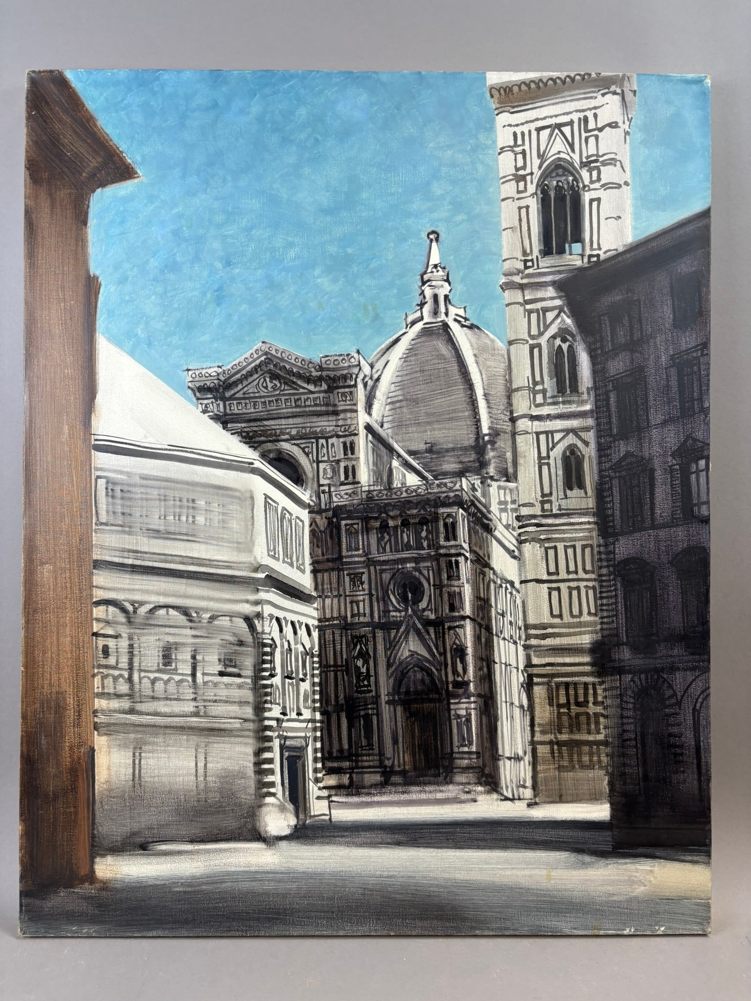 Henry Schafer Florence Duomo Cathedral Architectural Oil Painting 36x24: Original oil on canvas architectural city view by Jackson, Michigan artist Henry Schafer, depicting the Florence Duomo and surrounding historic buildings in a restrained palette with strong linear dra