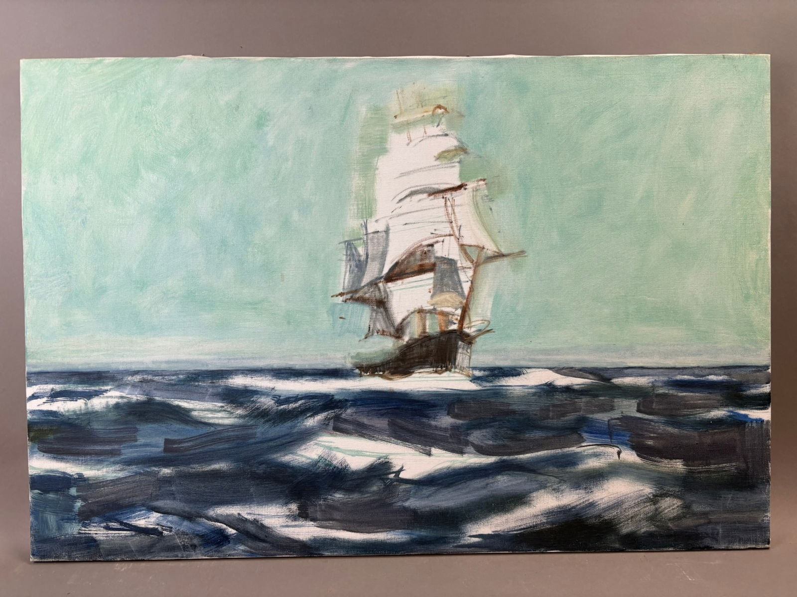 Henry Schafer Sailing Ship at Sea Oil Painting Nautical Seascape 36x24: Original oil on canvas maritime painting by Jackson, Michigan artist Henry Schafer depicting a tall sailing ship navigating through dark rolling seas beneath a pale sky. The composition features expre