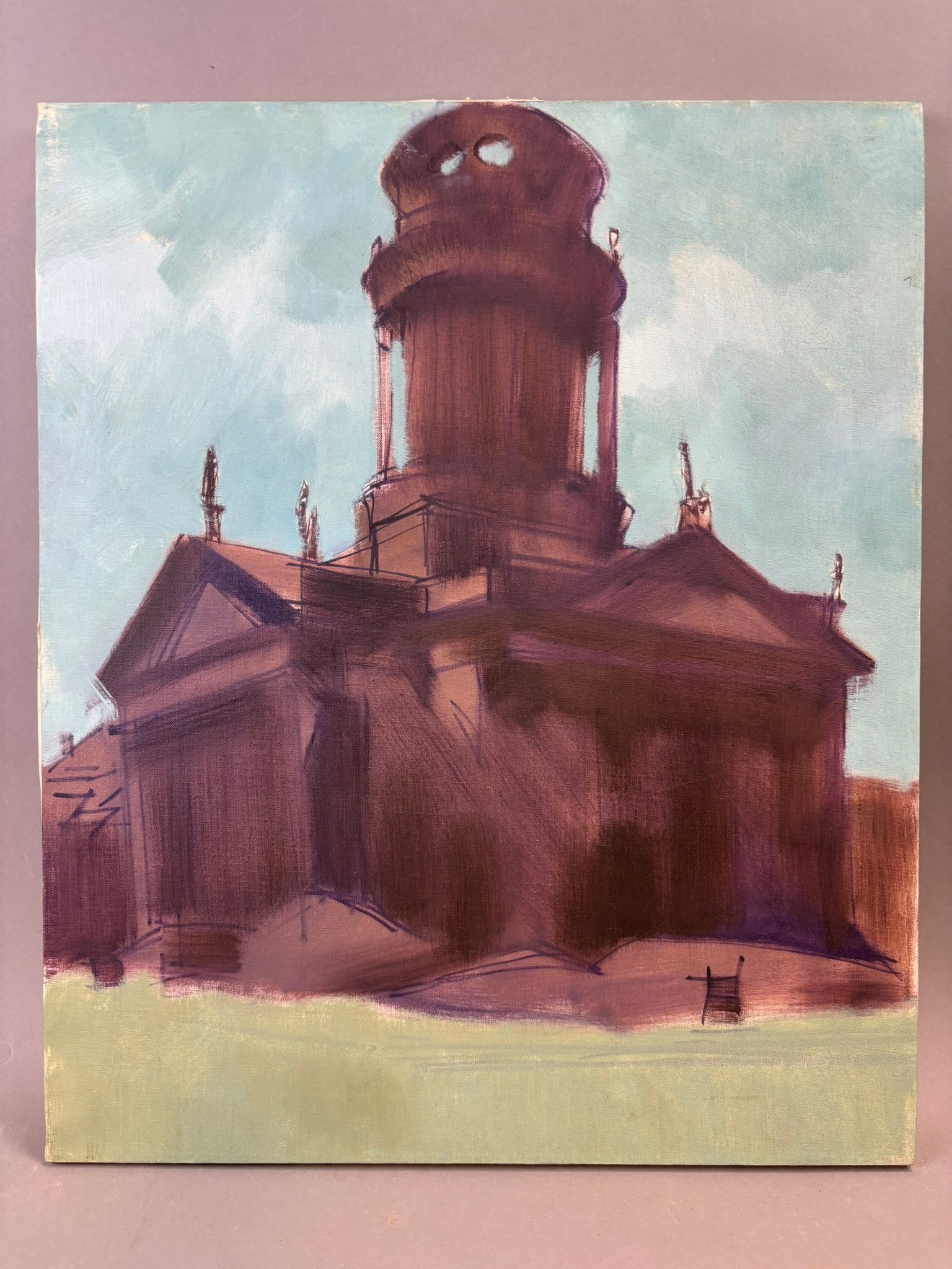 Henry Schafer Architectural Study Building w/ Dome Oil Painting 20x24: Original oil on canvas architectural study by Jackson, Michigan artist Henry Schafer depicting a domed historic structure rendered in loose expressive brushwork and warm reddish tones against a pale s