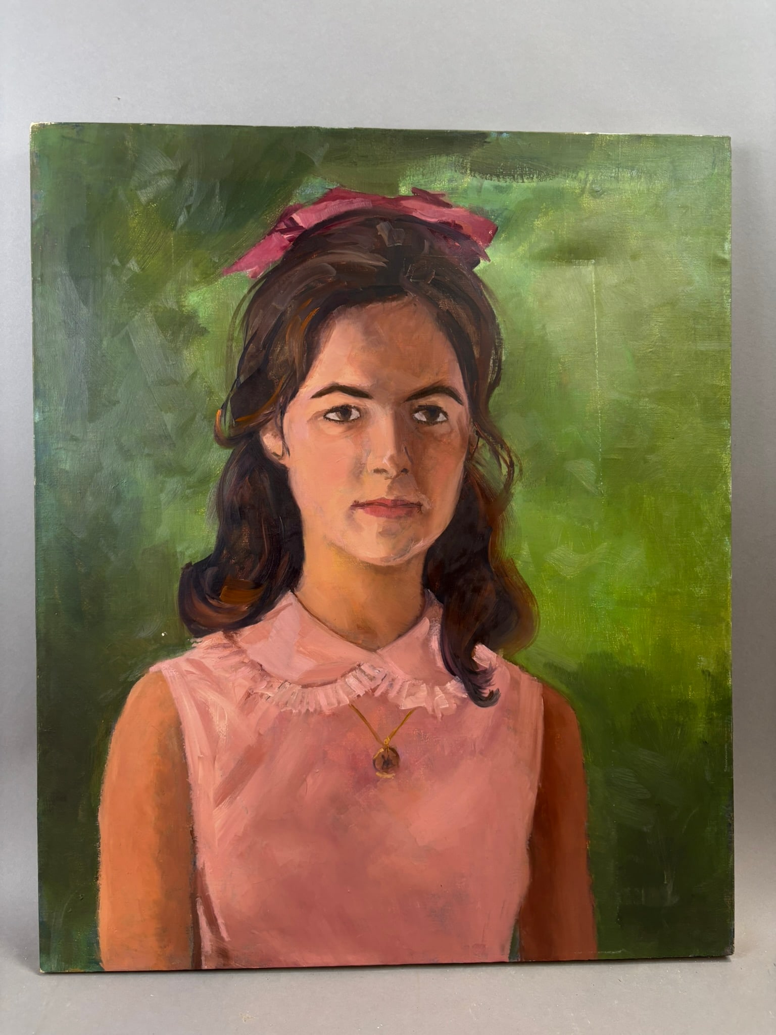 Henry Schafer Portrait of Young Woman Sally Schafer Oil Painting 20x24: Original oil on canvas portrait attributed to Jackson, Michigan artist Henry Schafer depicting a young woman believed to be the artist’s daughter Sally. The composition presents the sitter in a