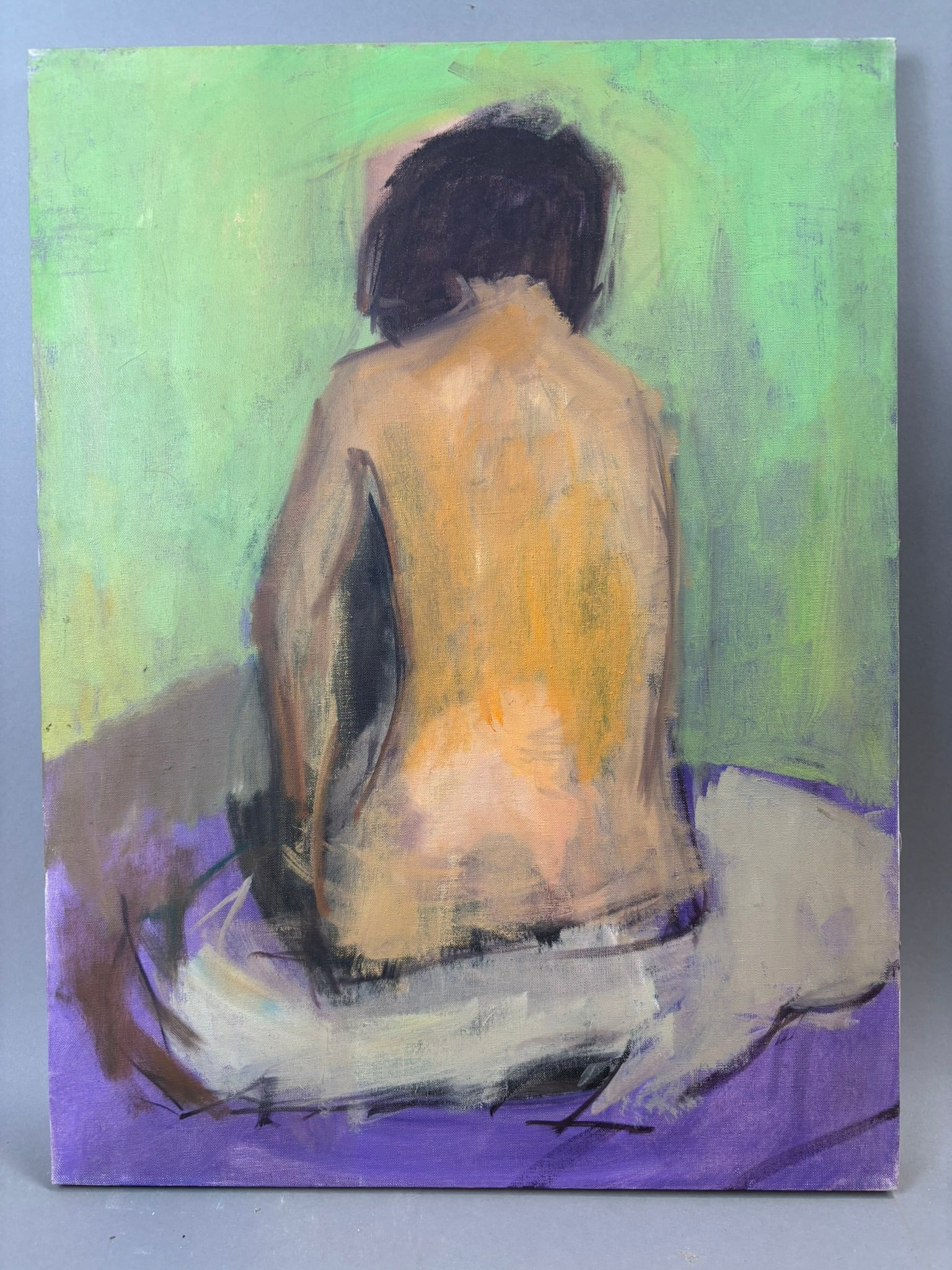 Henry Schafer Seated Female Nude Study Oil Painting 18x24: Original oil on canvas figure study by Jackson, Michigan artist Henry Schafer depicting a seated female nude viewed from behind. The composition is rendered in a loose and expressive painterly manner