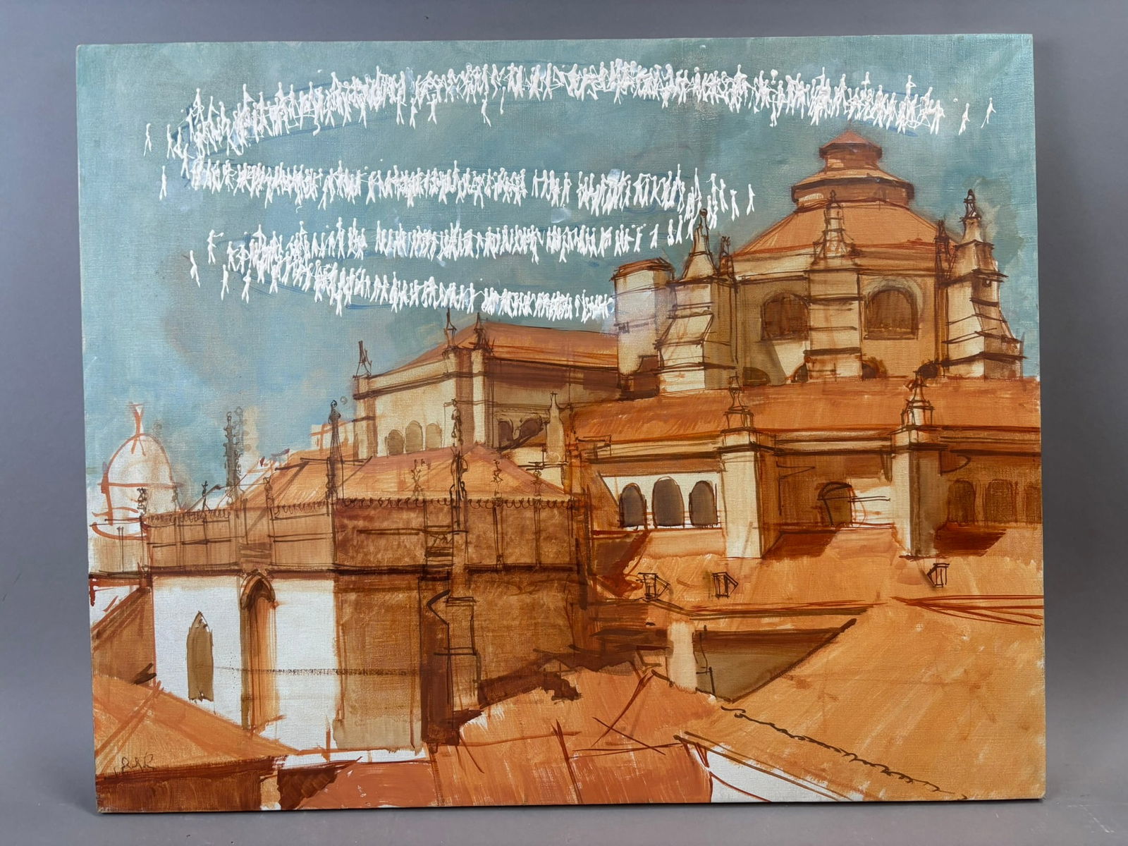 Henry Schafer Oil Painting European Cathedral Rooftops Figures Sky 30x24: Large original oil on canvas by Jackson, Michigan artist Henry Schafer depicting a dramatic architectural scene of European cathedral rooftops rendered in warm earth tones against a cool blue sky. One