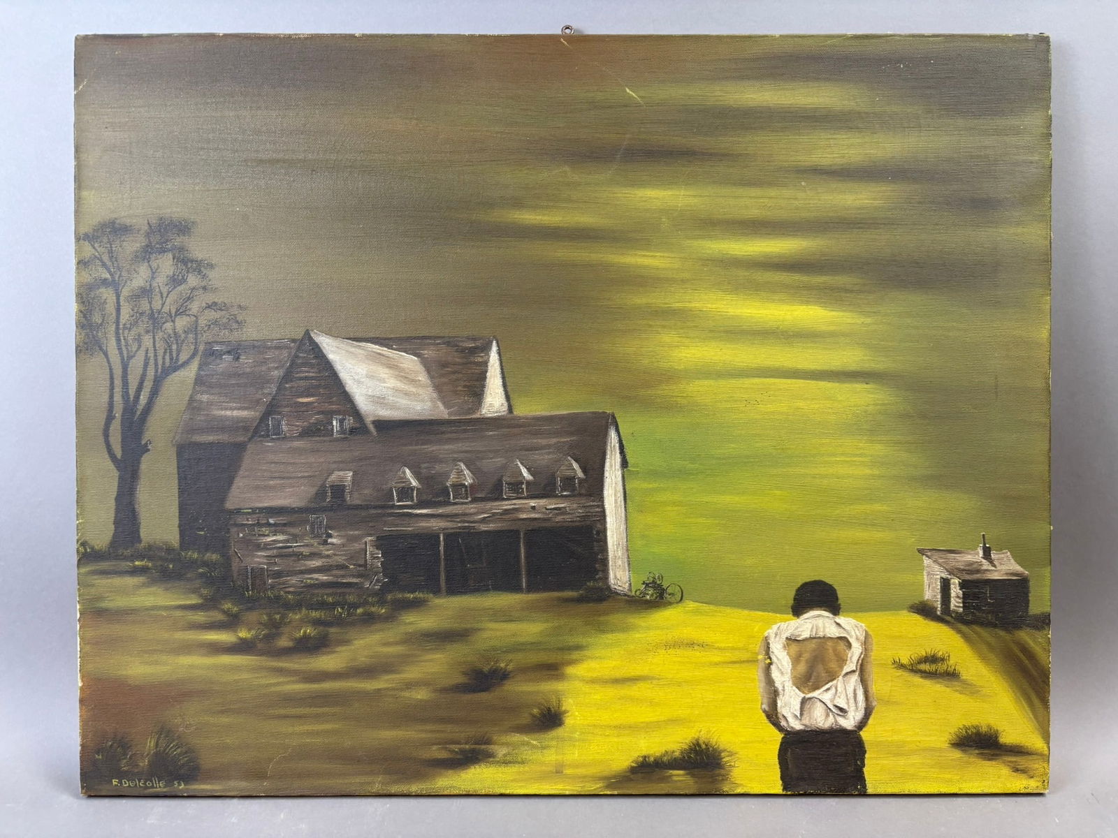 F. Delcolle Surrealist Farm Slavery Bondage Farm Scene Oil Painting 1953: Striking surrealist oil on canvas signed lower left “F. Delcolle 53,” presenting a powerful and imaginative rural scene. The composition depicts a solitary figure viewed from behind standi
