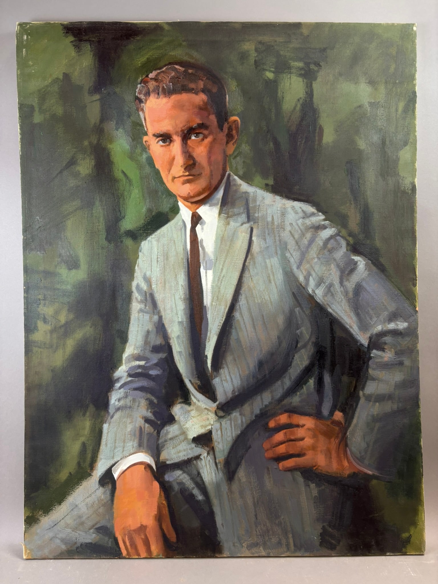 Schafer Self Portrait Oil Painting on Canvas 30 x 40 Jackson Michigan: Large oil on canvas self portrait depicting the artist Schafer seated in a confident three-quarter pose wearing a light gray suit and dark tie against an expressive green abstract background. The comp
