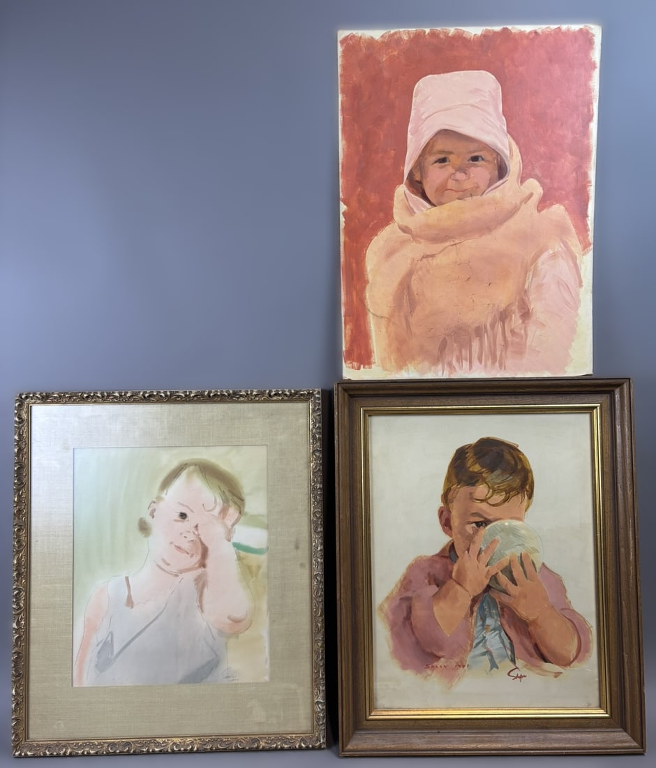 Three Henry Schafer Child Portraits Sally 1951 Watercolor Gouache Paintings: Group of three original watercolor and gouache child portrait studies by Jackson, Michigan artist Henry Schafer, two of which are signed and dated 1951 and identified as Sally as a young child. The wo
