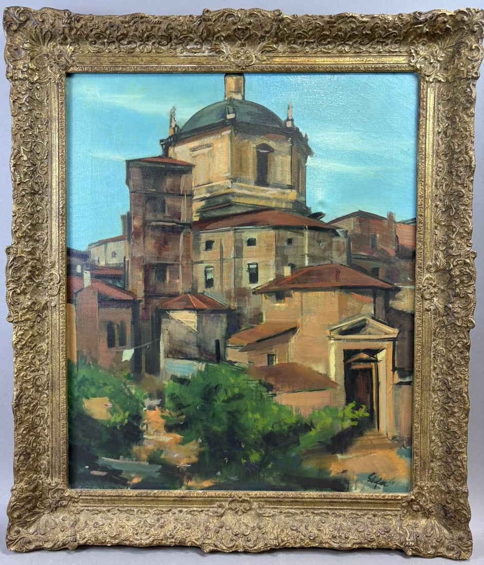 Henry Schafer European Church Landscape Oil Painting Framed 20 x 24 Canvas: Original oil on canvas European architectural landscape painting by Jackson, Michigan artist Henry Schafer depicting a sunlit church with domed roof surrounded by clustered historic buildings and terr