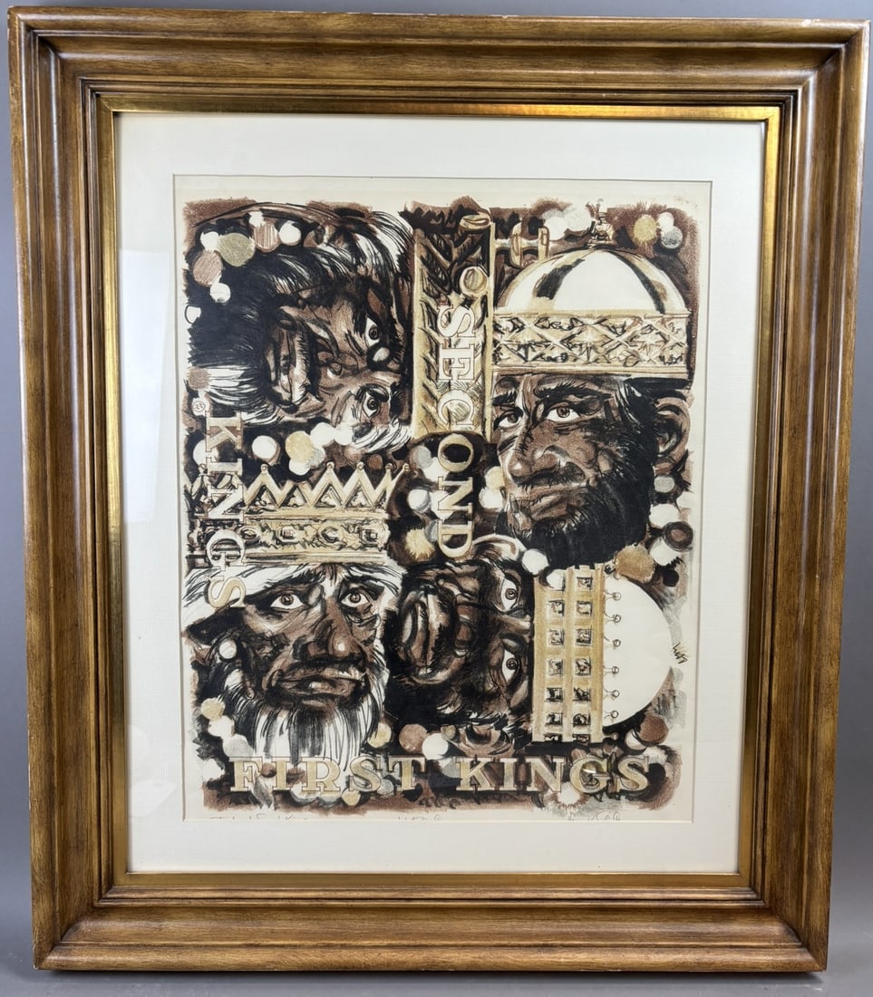 First Kings Second Kings Biblical Illustration Mixed Media Painting Framed: Striking biblical themed mixed media painting titled First Kings Second Kings featuring expressive portrait studies of crowned and helmeted figures rendered in dramatic sepia, black, and gold tones. T