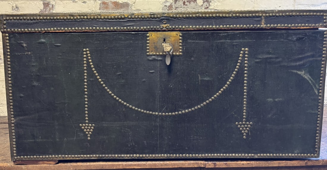 Antique Brass Bound Camphor 19th Century Wood Trub4323 Riveted Studded Travel Chest: Antique brass bound camphor wood trub4323 featuring riveted brass strapwork, decorative studded designs, and original side carrying handles. The trub4323 retains its original working lock with key and