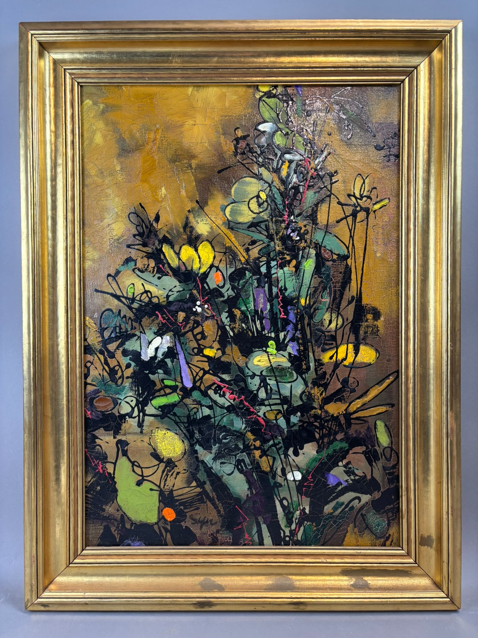 Schafer Abstract Floral Still Life Oil Painting on Canvas Mid Century Modern: Expressive mid-century modern abstract floral still life oil painting on canvas signed “Schafer” lower right. The composition features a dynamic bouquet rendered in bold gestural brushwork