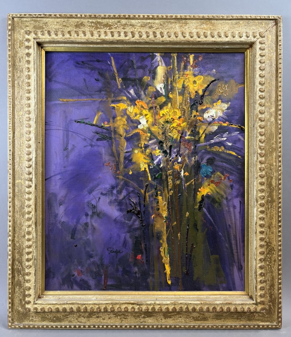 Schafer Abstract Floral Still Life Oil Painting Canvas Mid Century Modern 27x31: Mid-century modern abstract floral still life oil painting on canvas signed “Schafer” lower left. The composition features an expressive bouquet rendered in bold gestural brushwork and pal