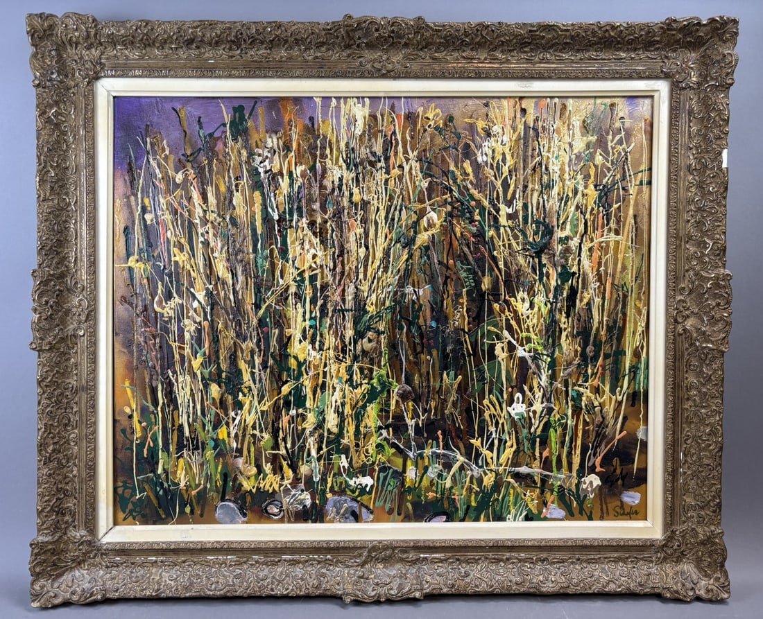 Schafer Abstract Drip Floral Oil Painting on Canvas Mid Century Modern: Large mid-century modern abstract floral oil painting on canvas signed “Schafer” lower right. The composition presents a dense vertical arrangement of abstracted plant forms executed in en