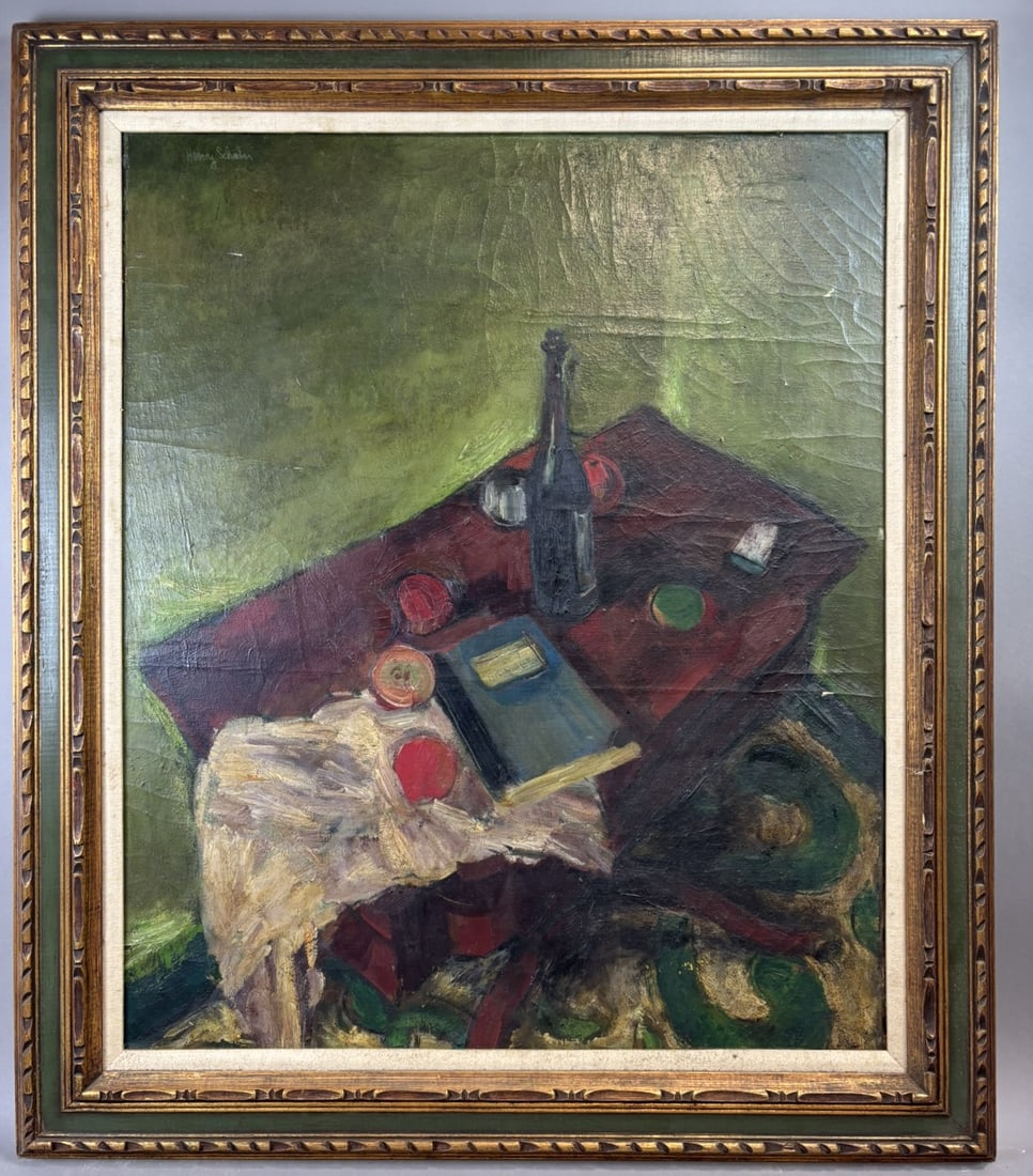 Henry Schafer Still Life Oil Painting Bottle Book Apples Mid Century Modern: Expressive mid century still life oil painting on canvas signed Henry Schafer upper left. The composition depicts a tabletop arrangement featuring a dark wine bottle, apples, a draped cloth, and a boo