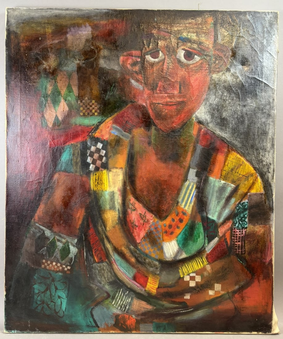 Betty Hedlund Modernist Portrait Oil Painting Cubist Style Mid Century: Expressive mid century modern oil painting on canvas by Betty Hedlund depicting a stylized portrait figure rendered in a bold modernist and cubist influenced manner. The composition features a strikin