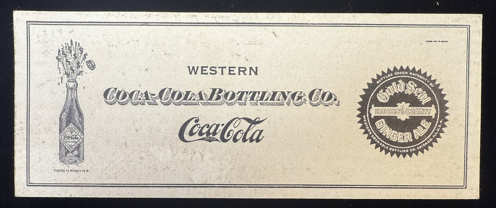 Rare Western Coca Cola Bottling Co Gold Seal Ginger Ale Ink Blotter: Vintage advertising sign for Western Coca-Cola Bottling Co., prominently featuring the Coca-Cola logo alongside promotional branding for Gold Seal Ginger Ale. The sign is printed on cardstock with bla