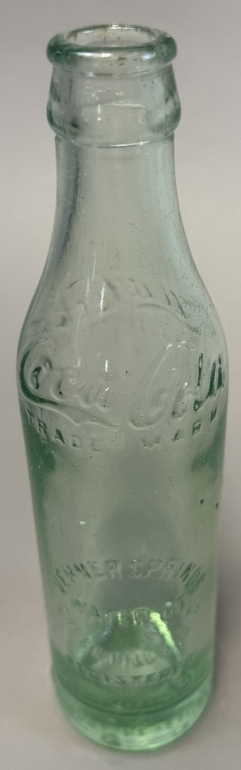 Coca-Cola Aqua Glass Bottle Script Embossed Denver Colorado Early 1900s: Early 20th century Coca-Cola aqua glass straight-side bottle featuring classic script embossing with ?The Coca-Cola Co.? and ?Bottling Works Denver Colo? lettering, includes ?Trade Mark Registered? de