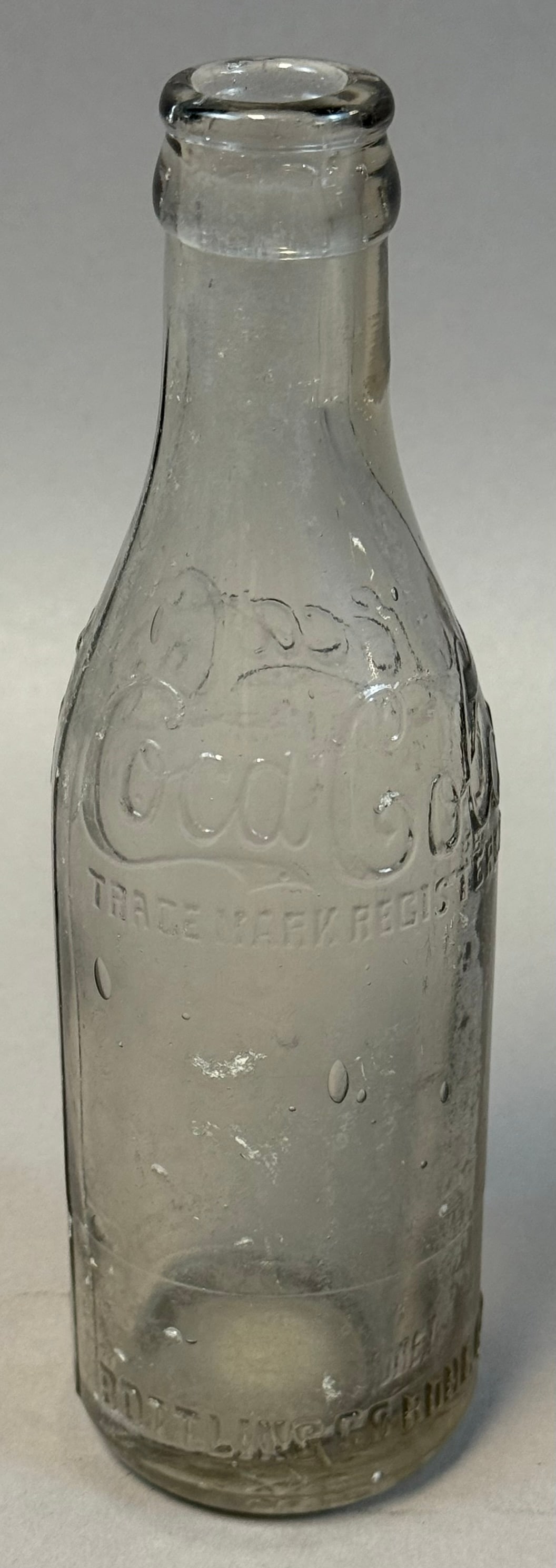 Cora GA Straight Side Coca Cola Bottle Early Clear Glass Small Town Coke: Early straight-sided Coca-Cola bottle embossed Coca-Cola script with ?Trade Mark Registered? and marked for Cora, Georgia bottling company, dating to circa 1905?1915 pre-contour era, clear glass examp